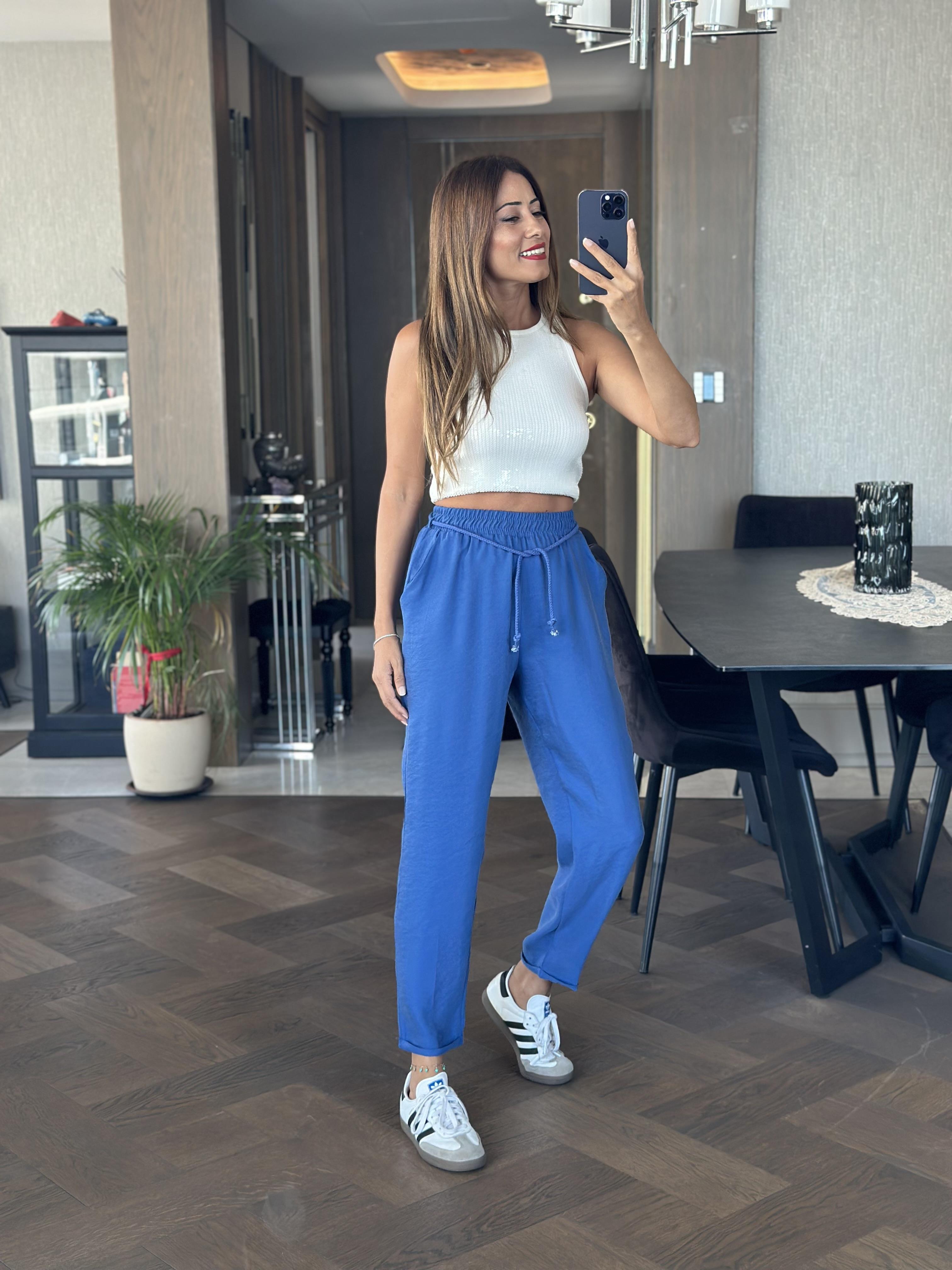Saks Duble Paça Örgü Kemerli Tnsel Kadın Pantolon