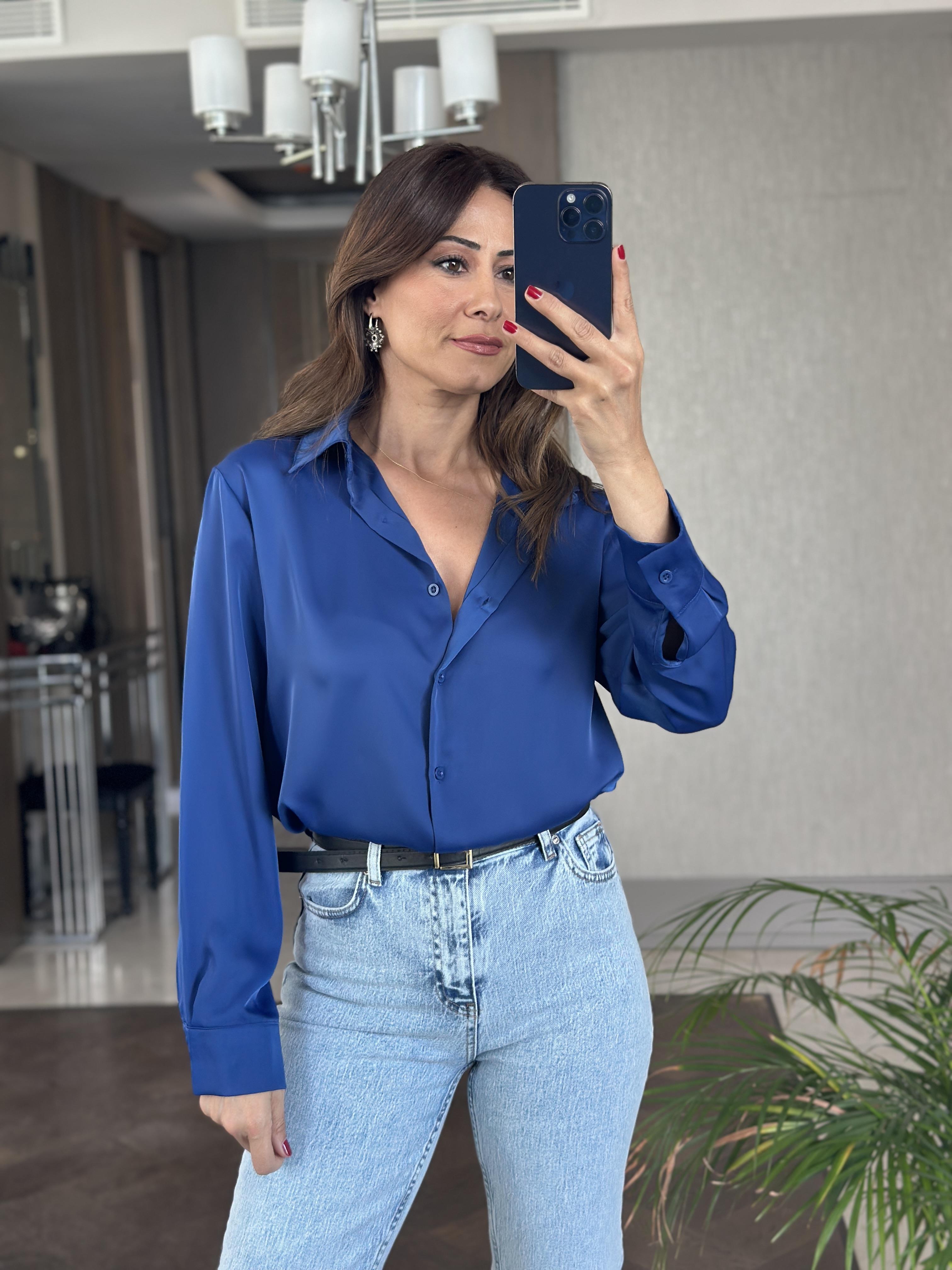 Saks Karol Uzun Kol Saten Kadın Gömlek