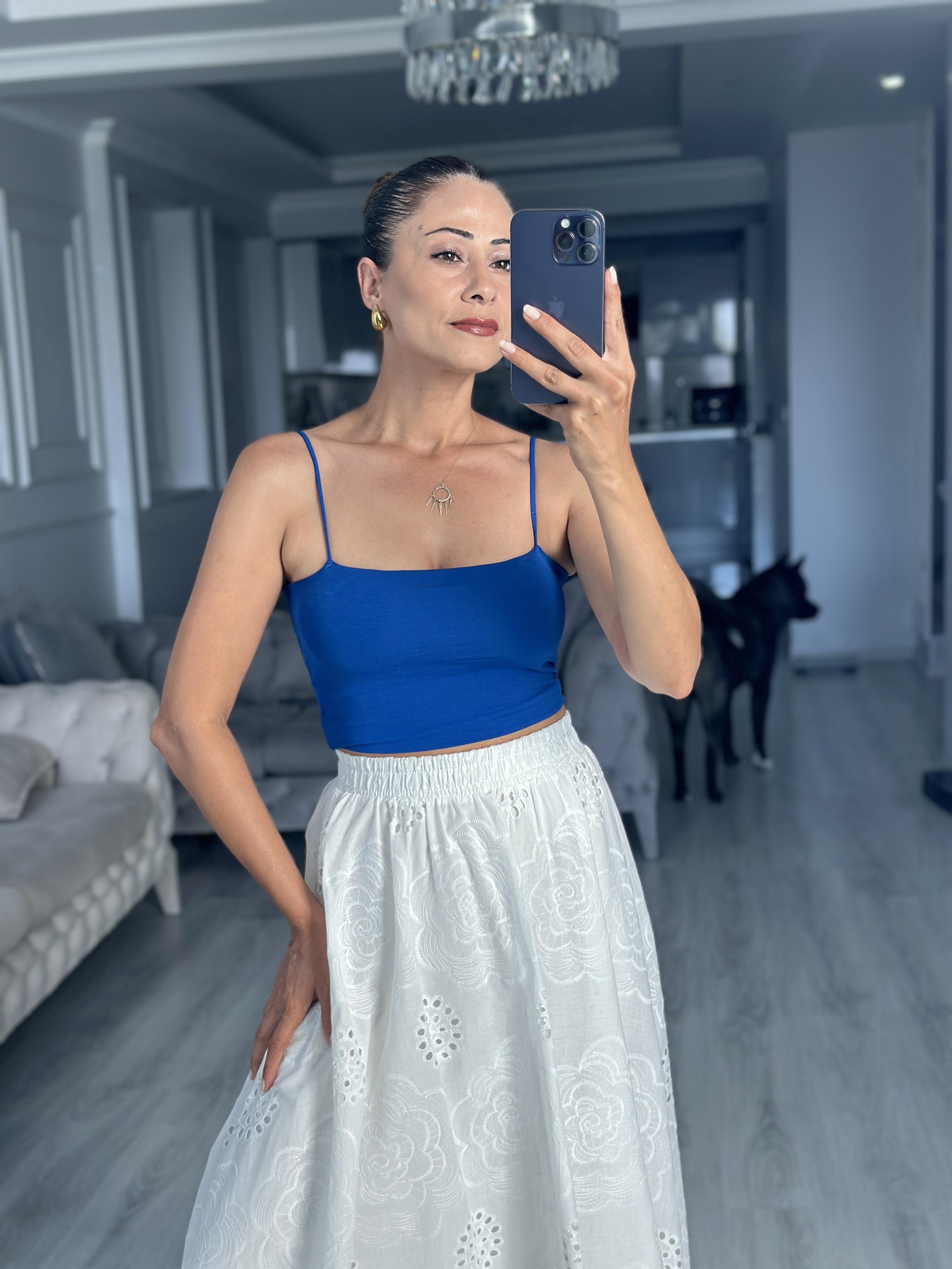 Saks Kuplu Lastik Askılı Kadın Body