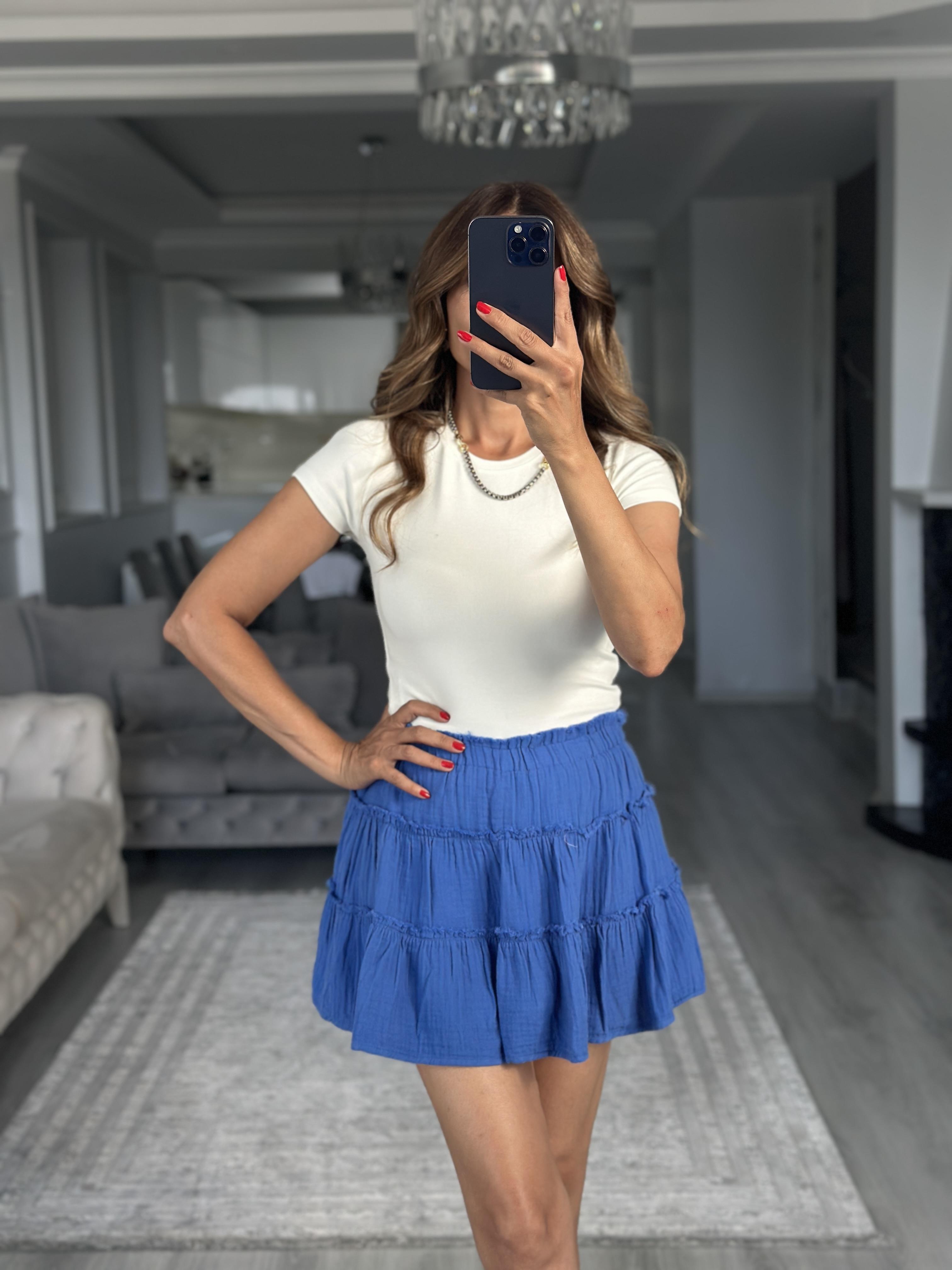 Saks Müslin Kumaş İçi Şortlu Kadın Mini Etek