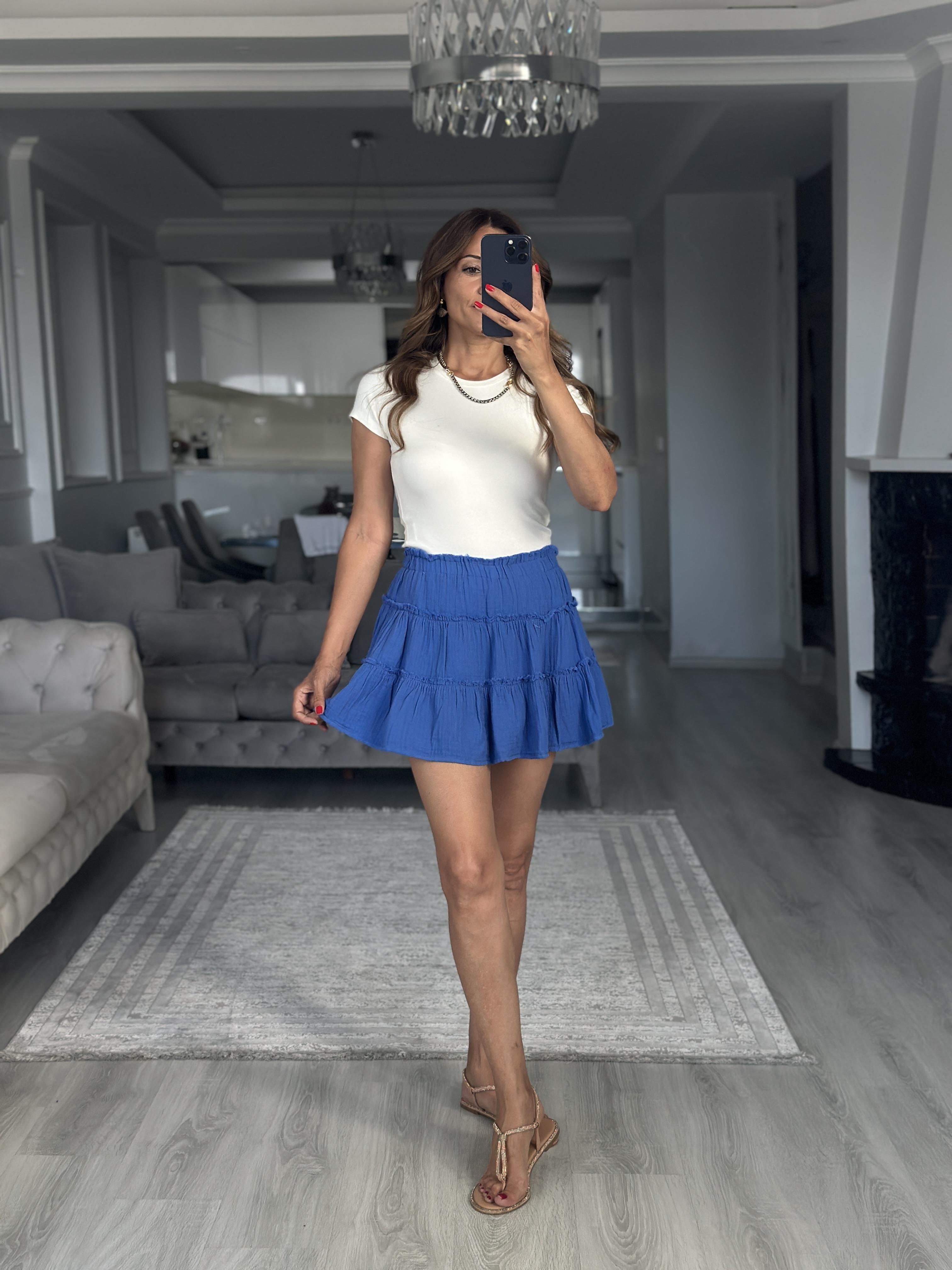 Saks Müslin Kumaş İçi Şortlu Kadın Mini Etek