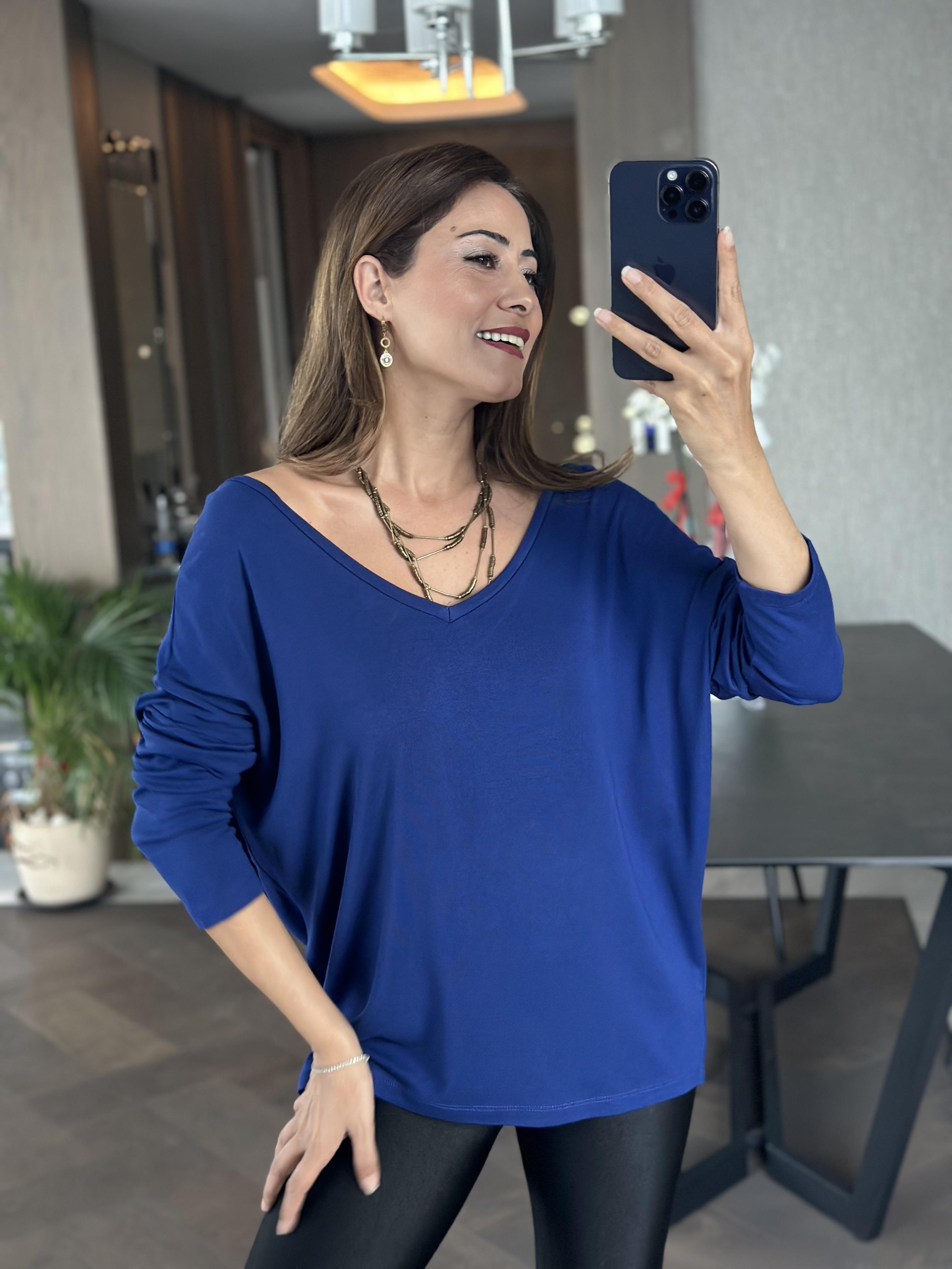 Saks Ön Arka V Yaka Uzun Kol Kadın Bluz