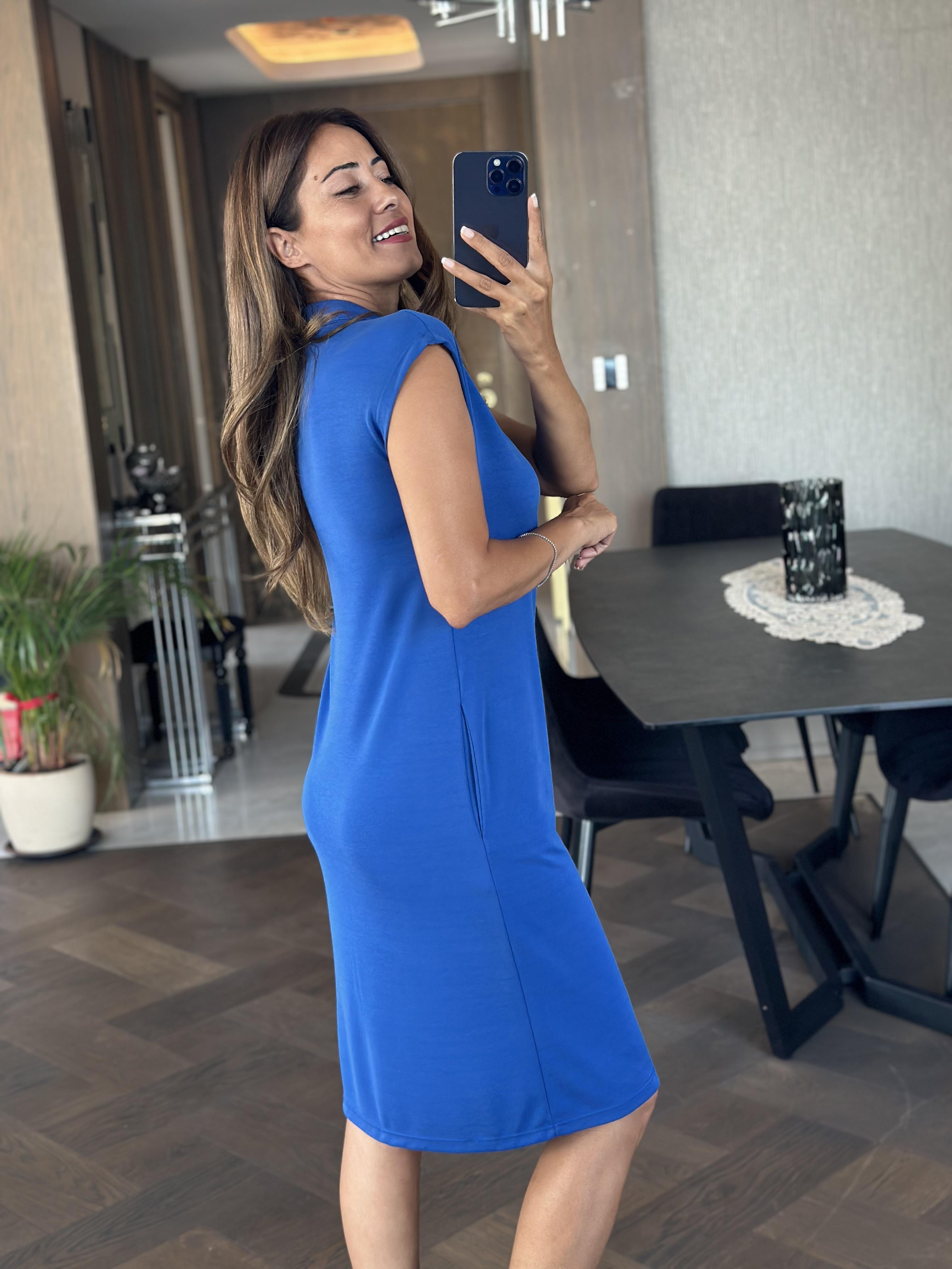 Saks Polo Yaka Sıfır Kol Modal Midi Boy Kadın Elbise 
