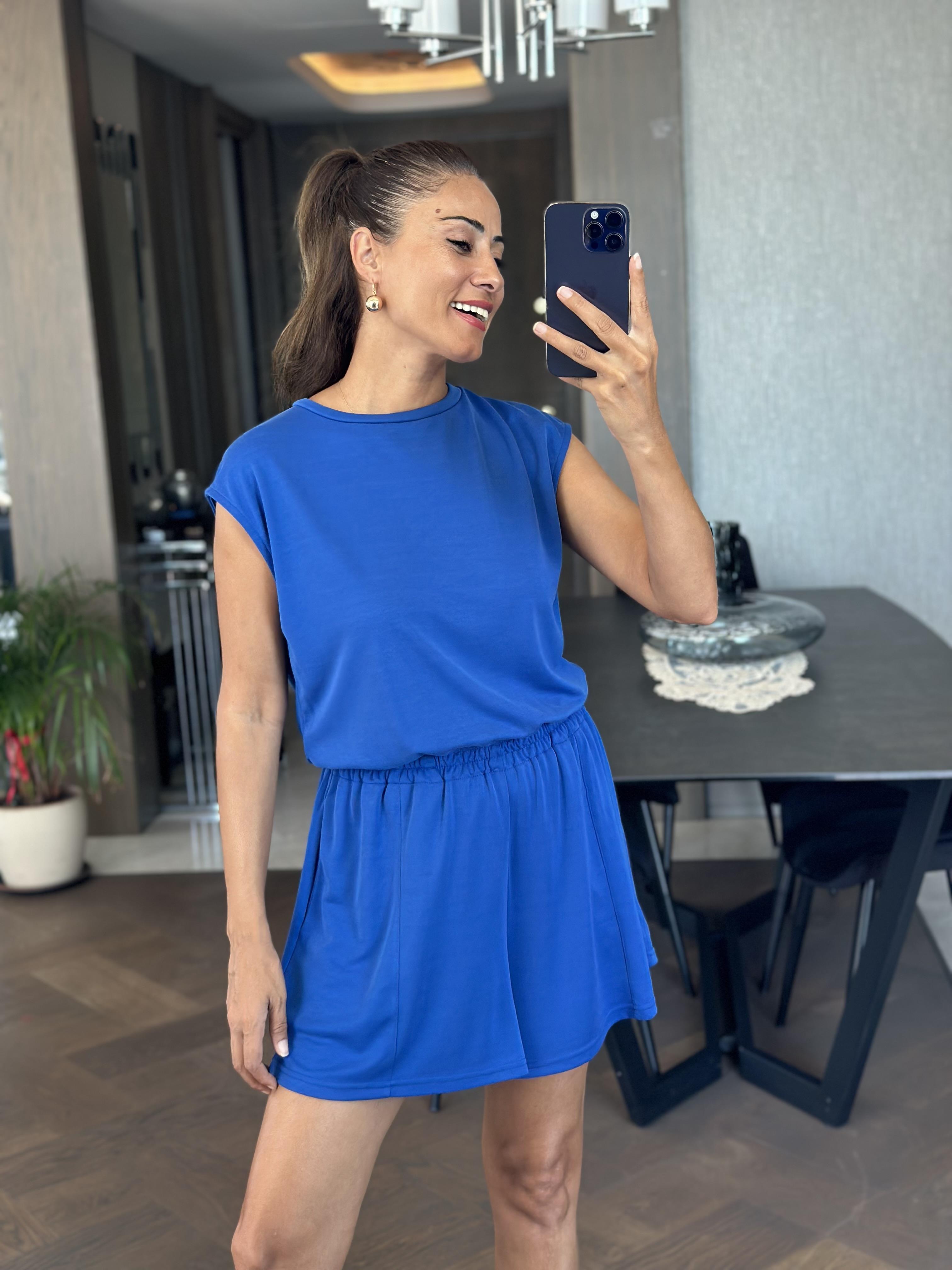 Saks Sırt Dekolteli Beli Lastikli Modal Kadın Şort Tulum