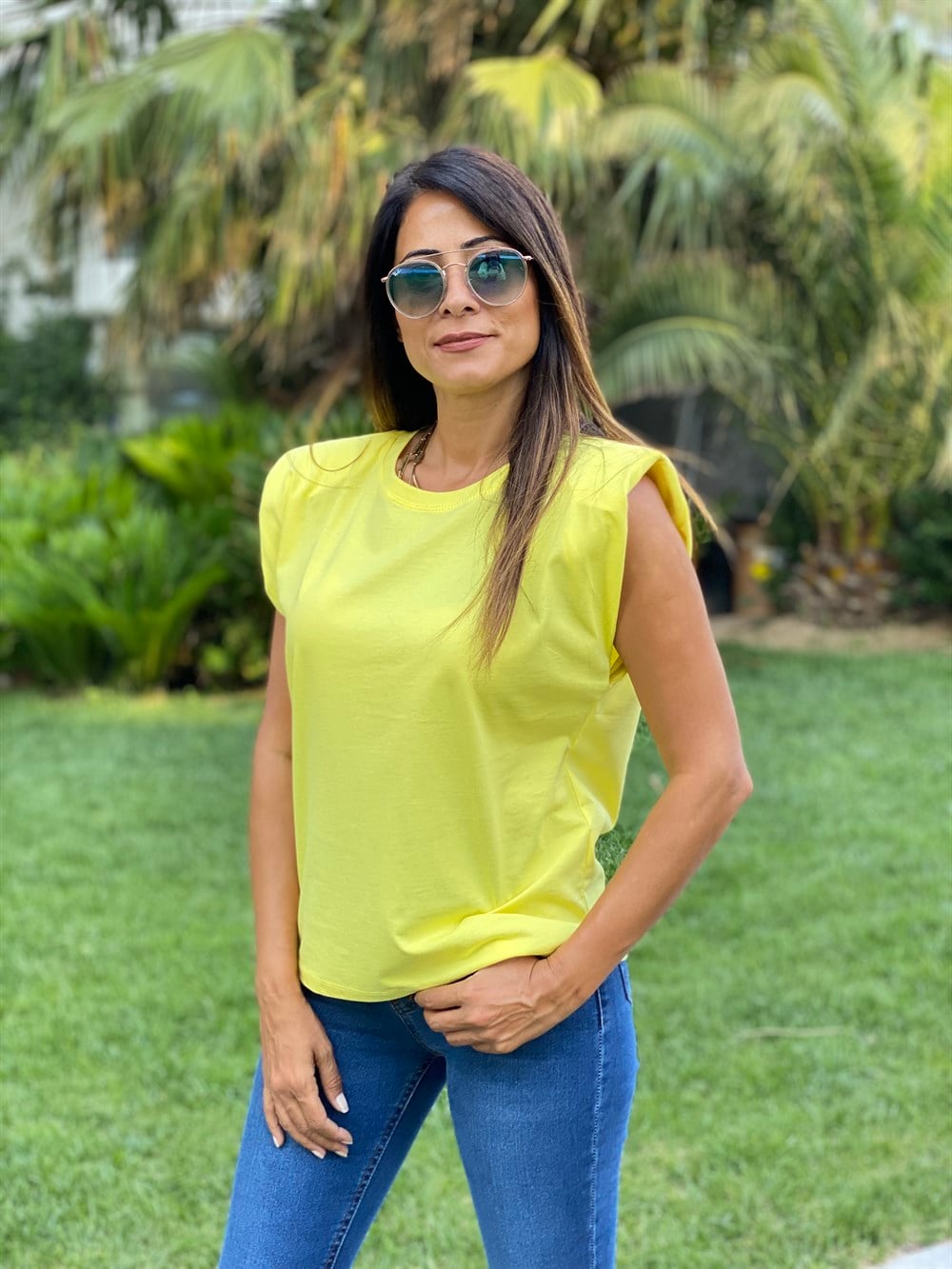Sarı Bisiklet Yaka Vatkalı Kadın T-Shirt