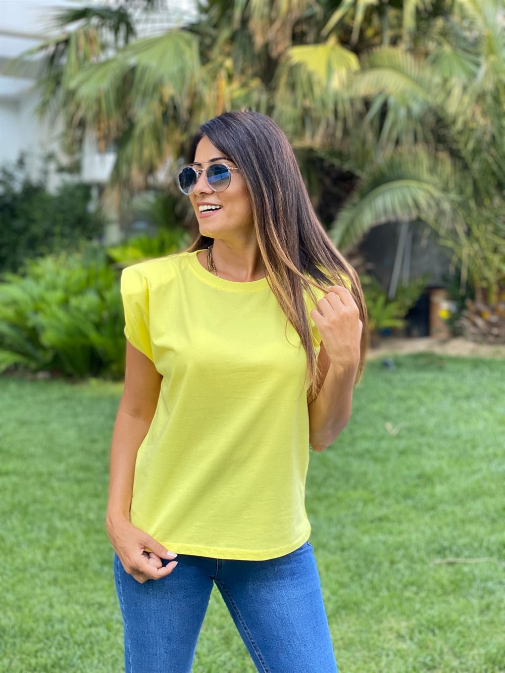 Sarı Bisiklet Yaka Vatkalı Kadın T-Shirt