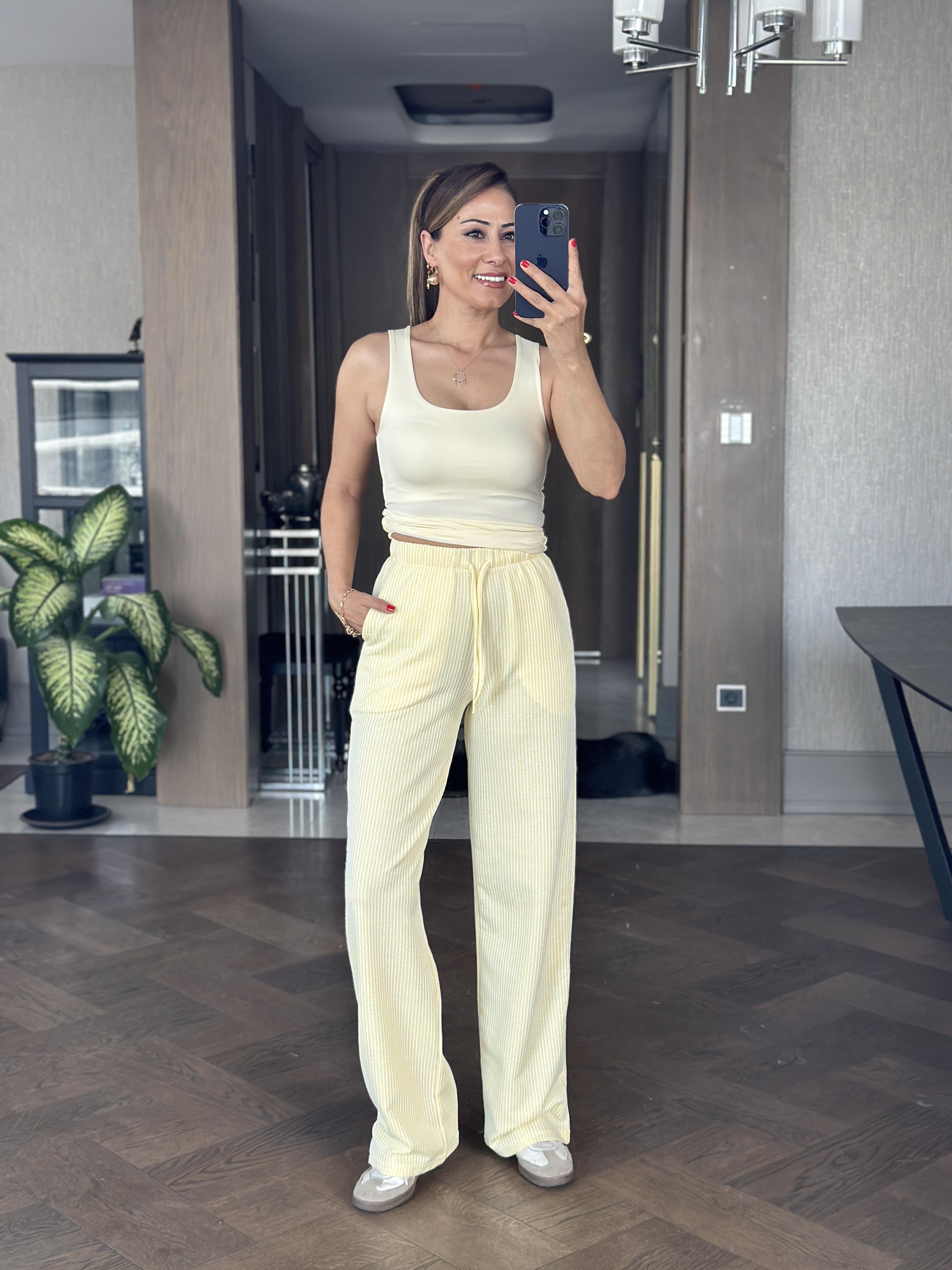 Sarı Çizgili Melanj Beli Lastikli Kadın Pantolon