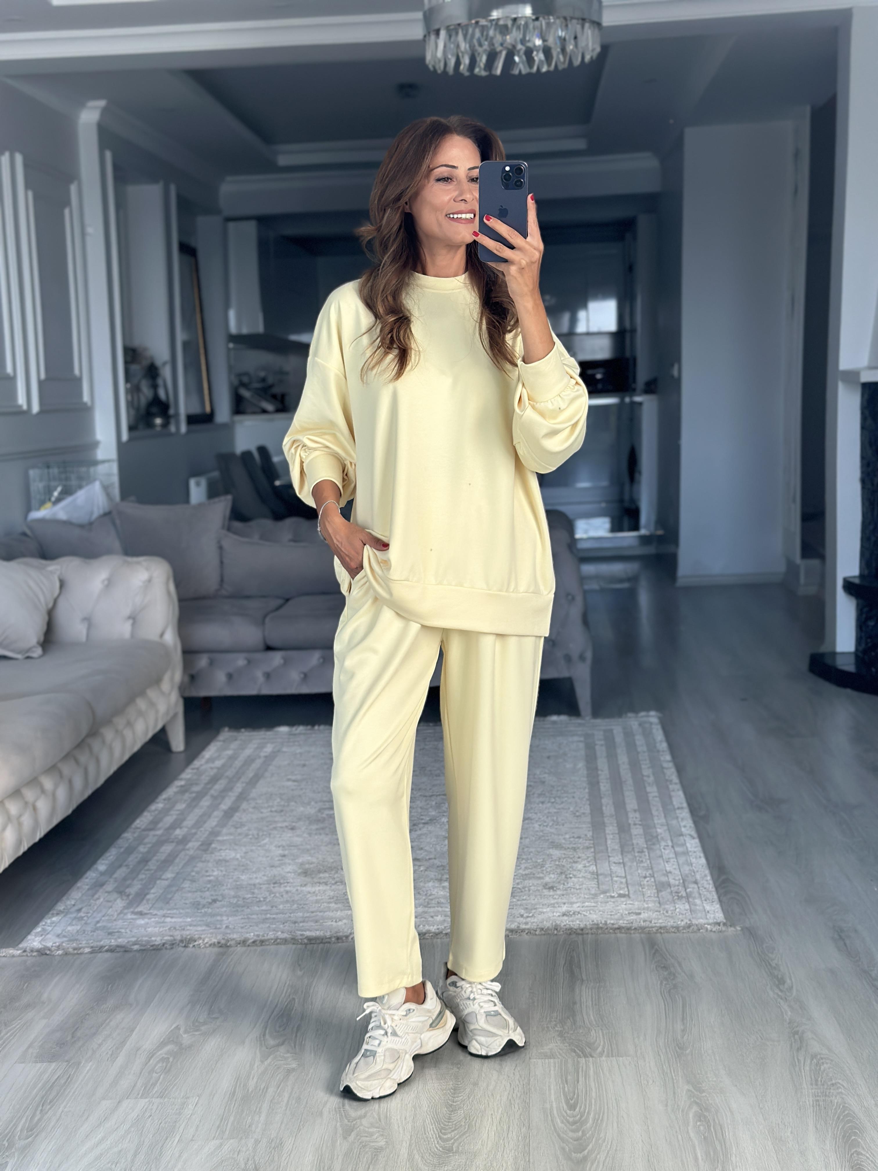 Sarı Oversize Bisiklet Yaka Sweatshirt Pantolon Kadın Alt Üst Takım