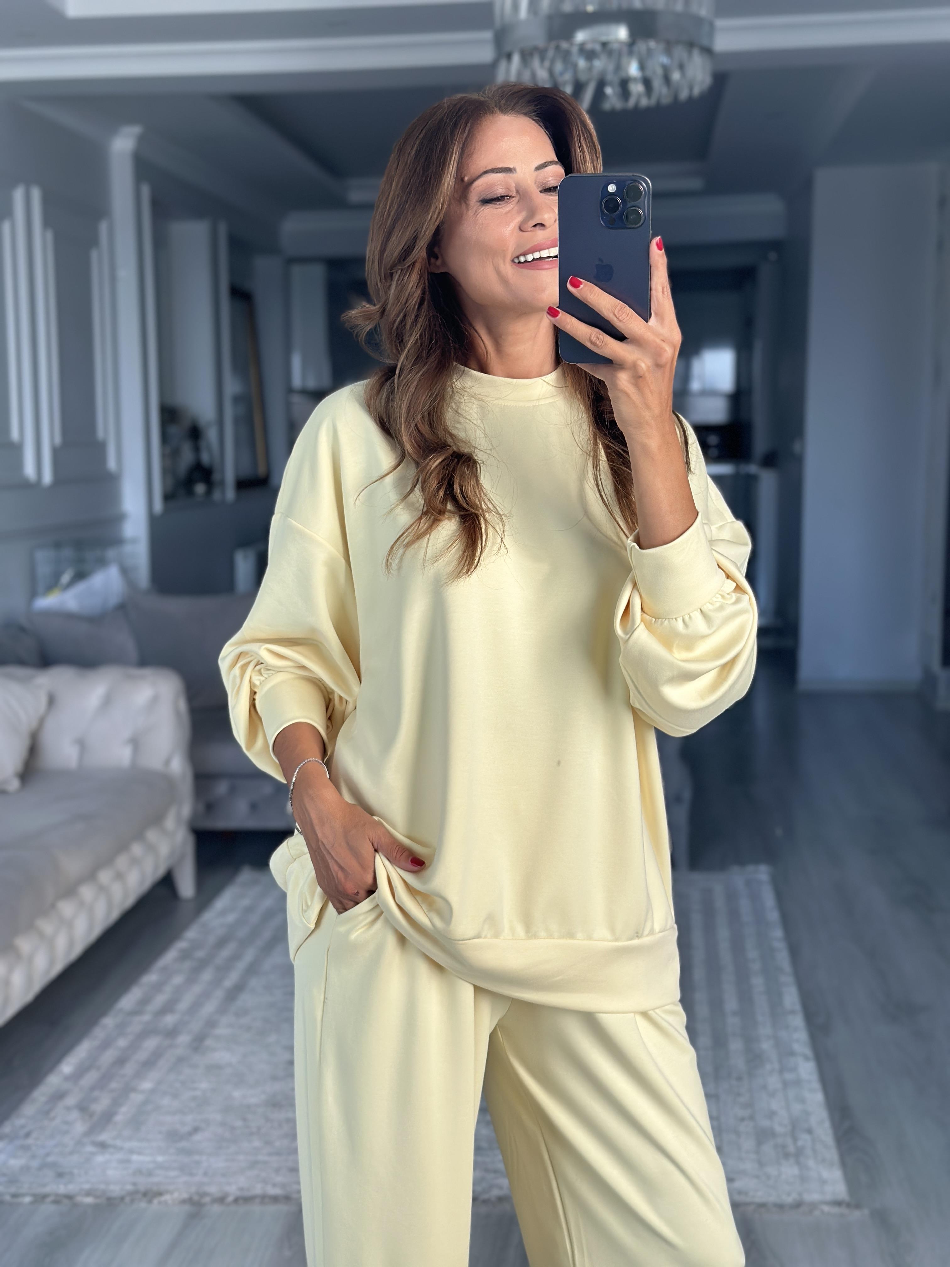 Sarı Oversize Bisiklet Yaka Sweatshirt Pantolon Kadın Alt Üst Takım