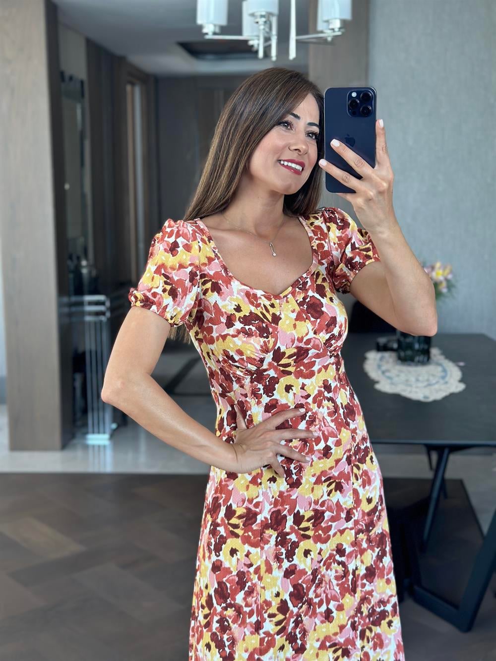 Sarı Desenli Prenses Kol Yırtmaçlı Bürümcük Kadın Elbise