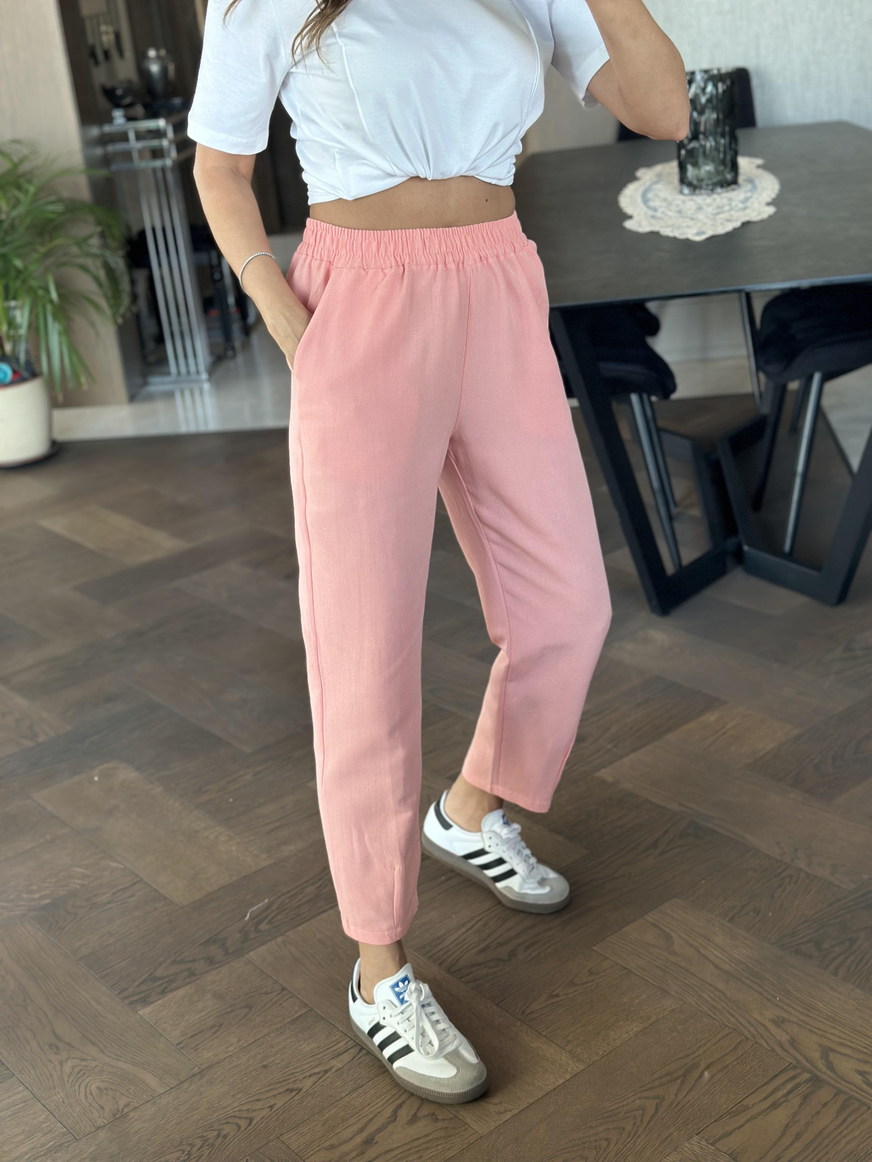 Şeftali Paçası Dikiş Detay Beli Lastikli Cepli Keten Kadın Pantolon