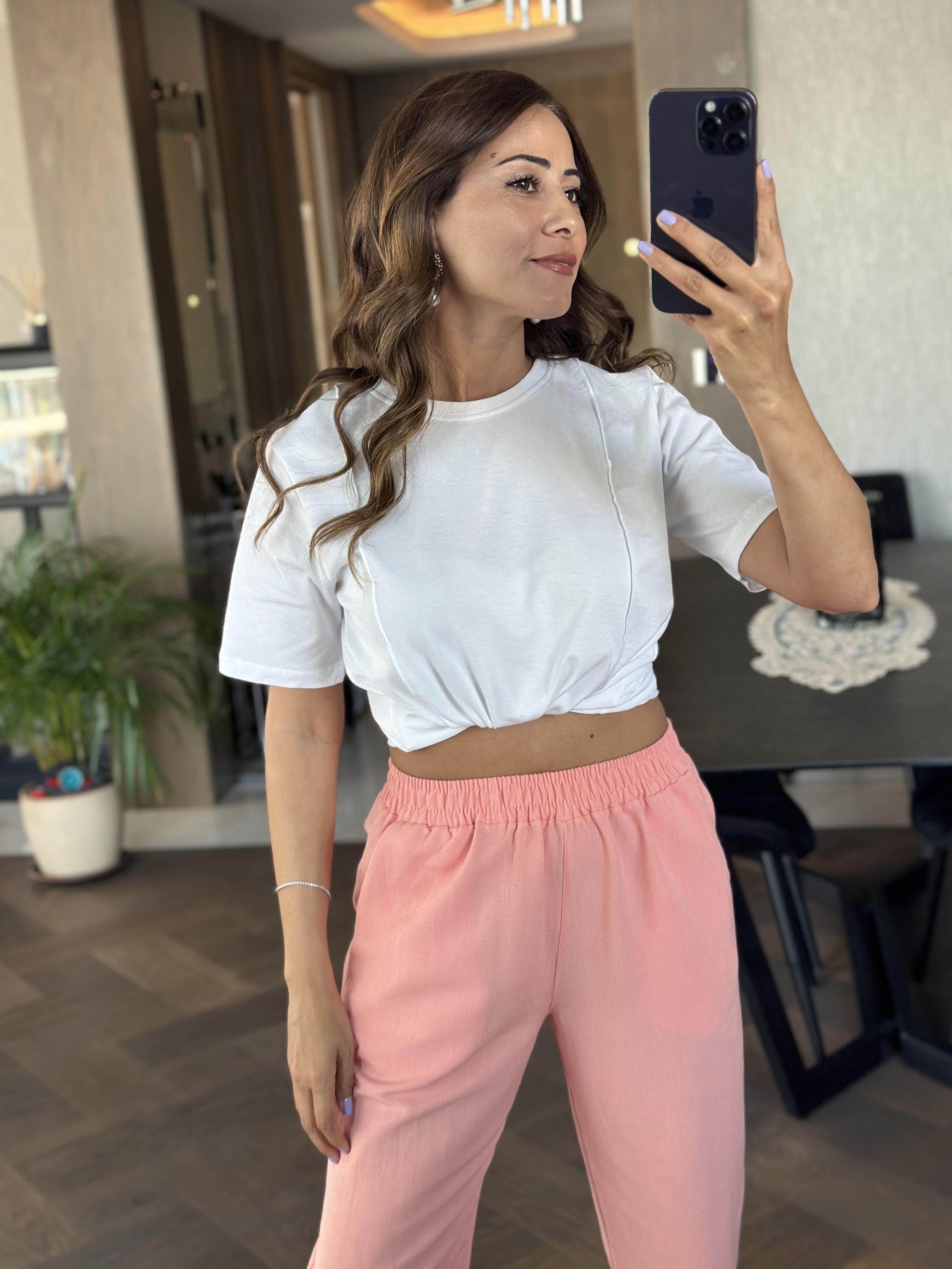 Şeftali Paçası Dikiş Detay Beli Lastikli Cepli Keten Kadın Pantolon