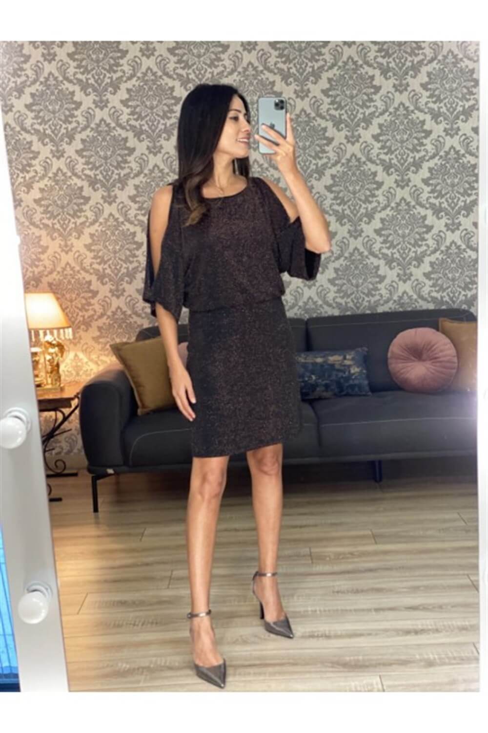 Simli Sırt Ve Kol Dekolteli Elbise