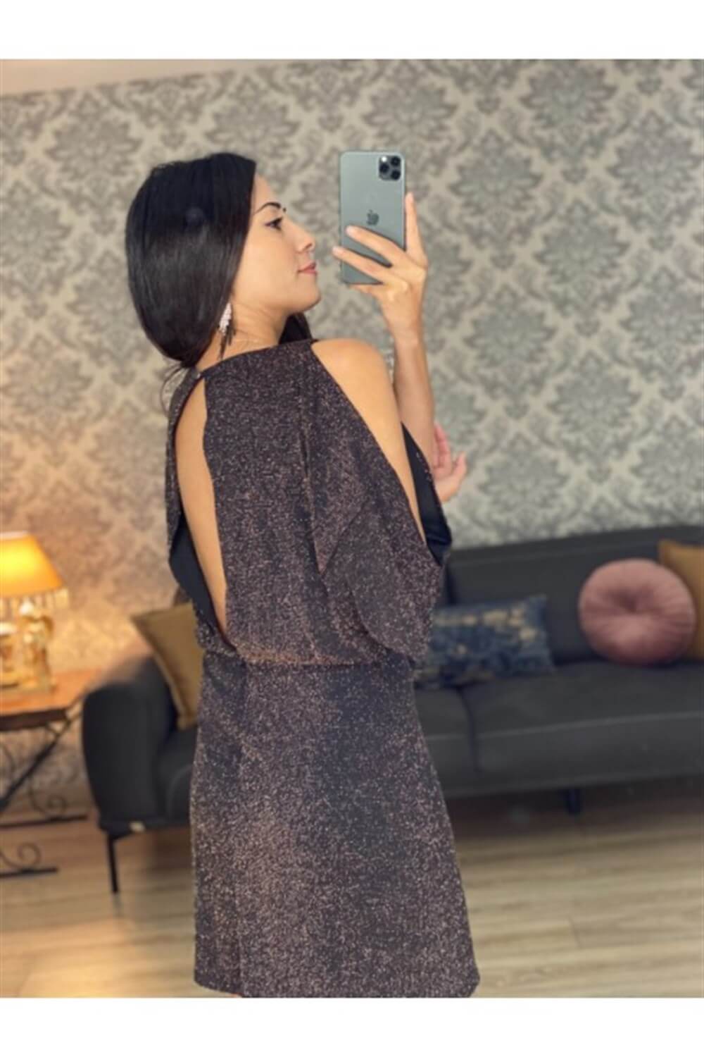 Simli Sırt Ve Kol Dekolteli Elbise