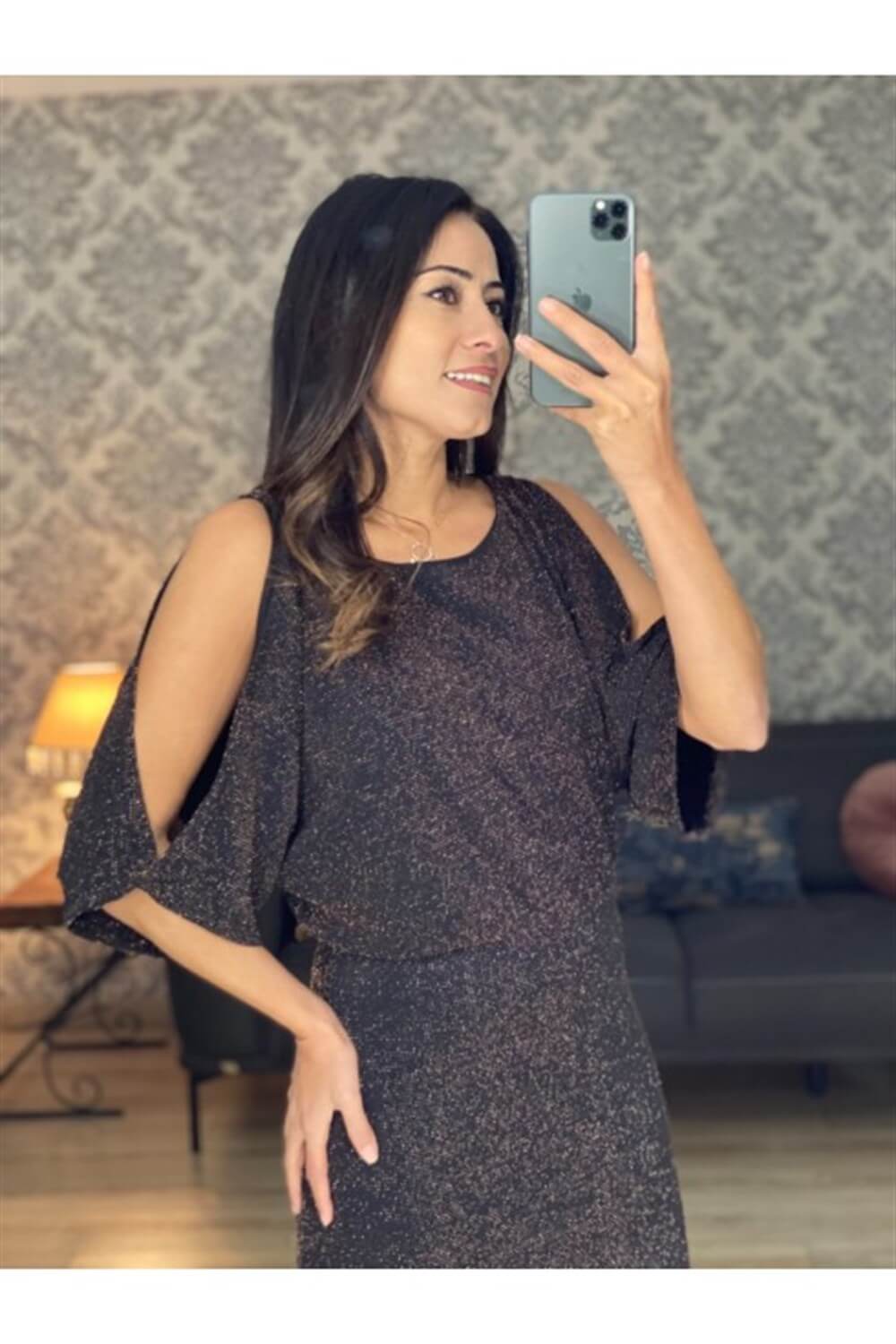 Simli Sırt Ve Kol Dekolteli Elbise