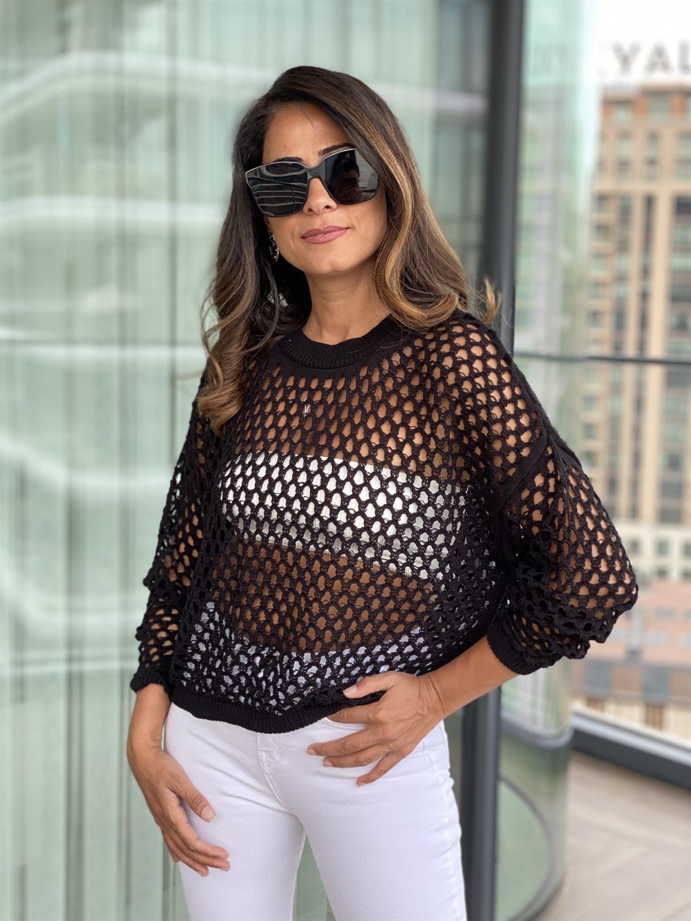 Siyah Ajurlu Bisiklet Yaka Dekolteli Triko Bluz 