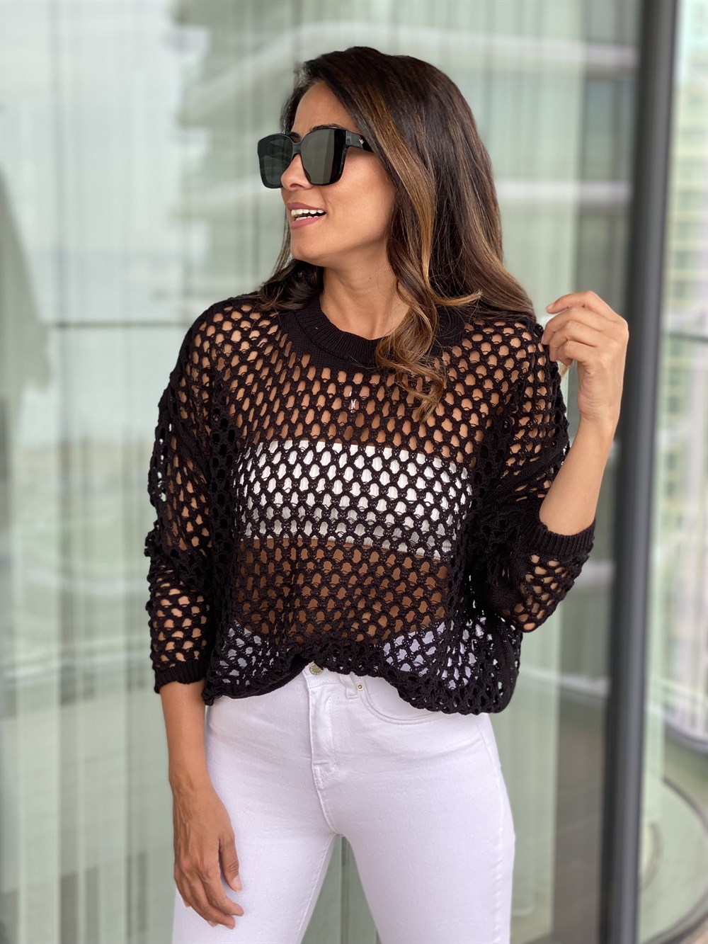 Siyah Ajurlu Bisiklet Yaka Dekolteli Triko Bluz 