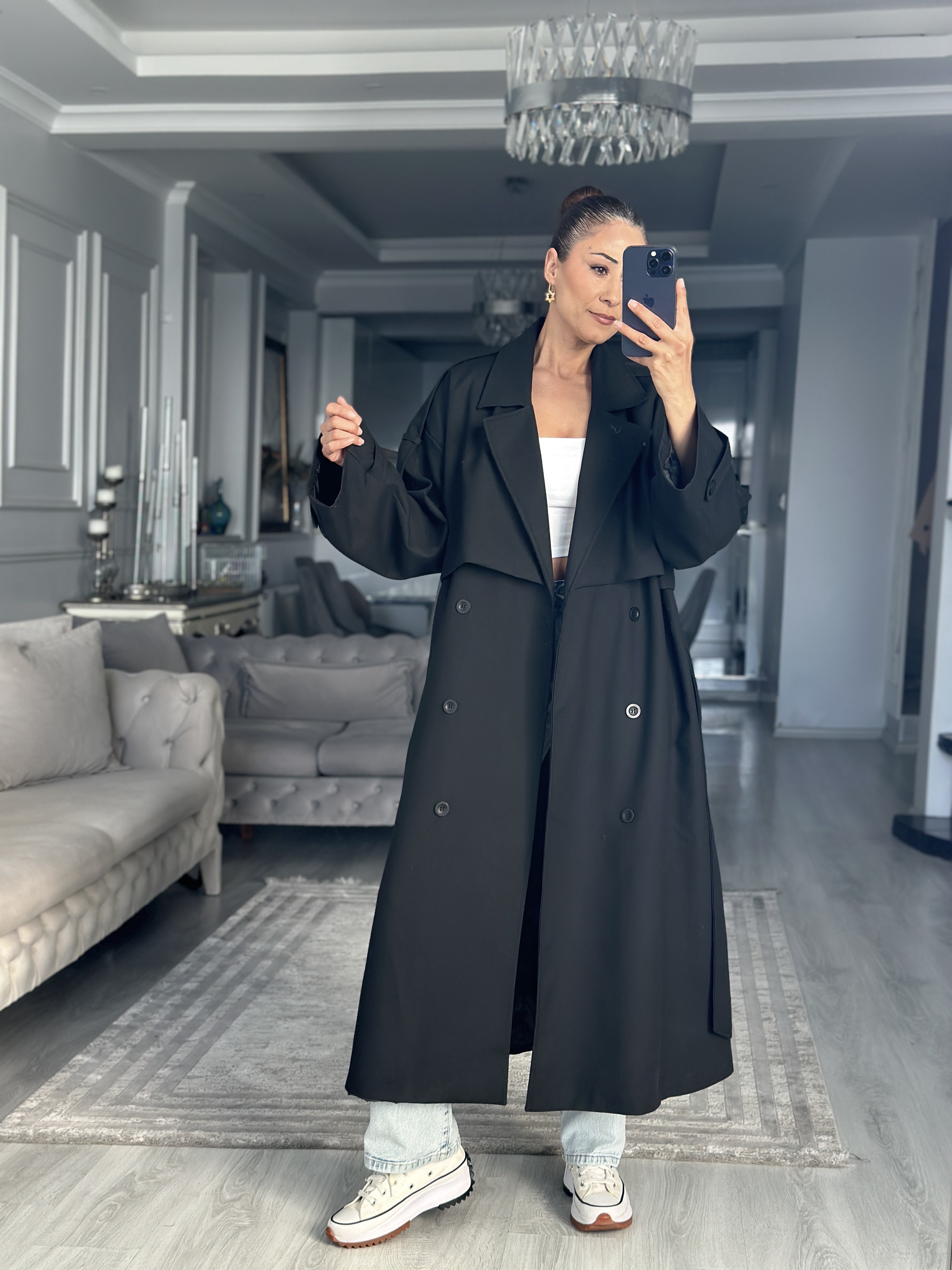 Siyah Allerli Oversize Kuşaklı Uzun Kadın Trençkot