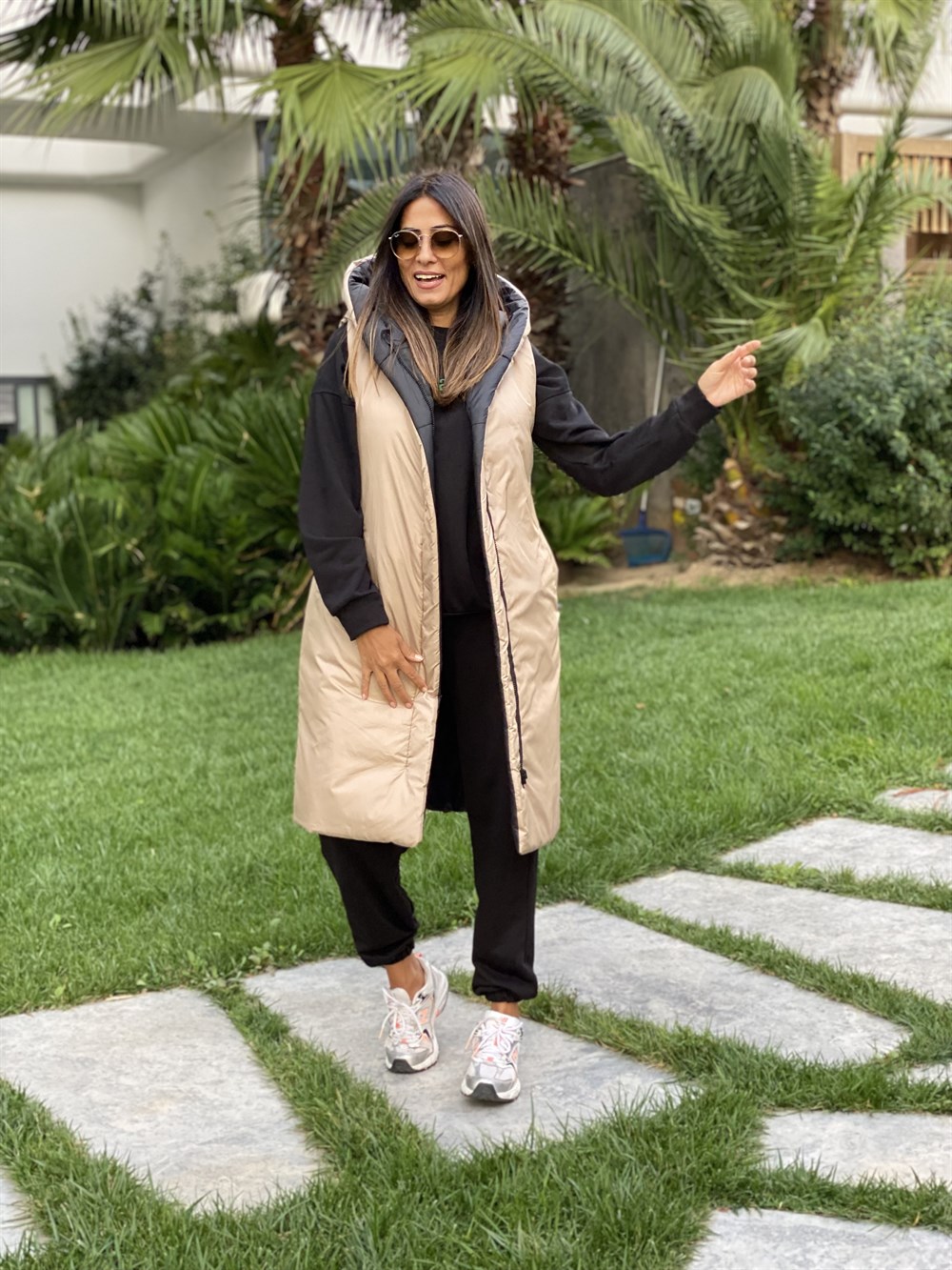 Siyah Bej Çift Taraflı Uzun Kadın Yelek