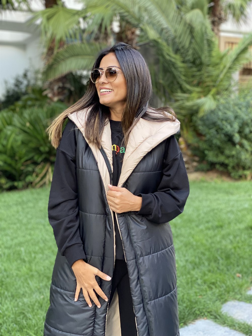 Siyah Bej Çift Taraflı Uzun Kadın Yelek