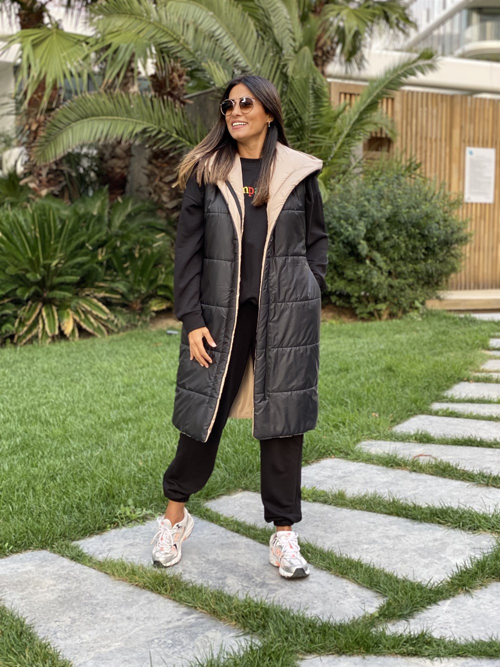 Siyah Bej Çift Taraflı Uzun Kadın Yelek