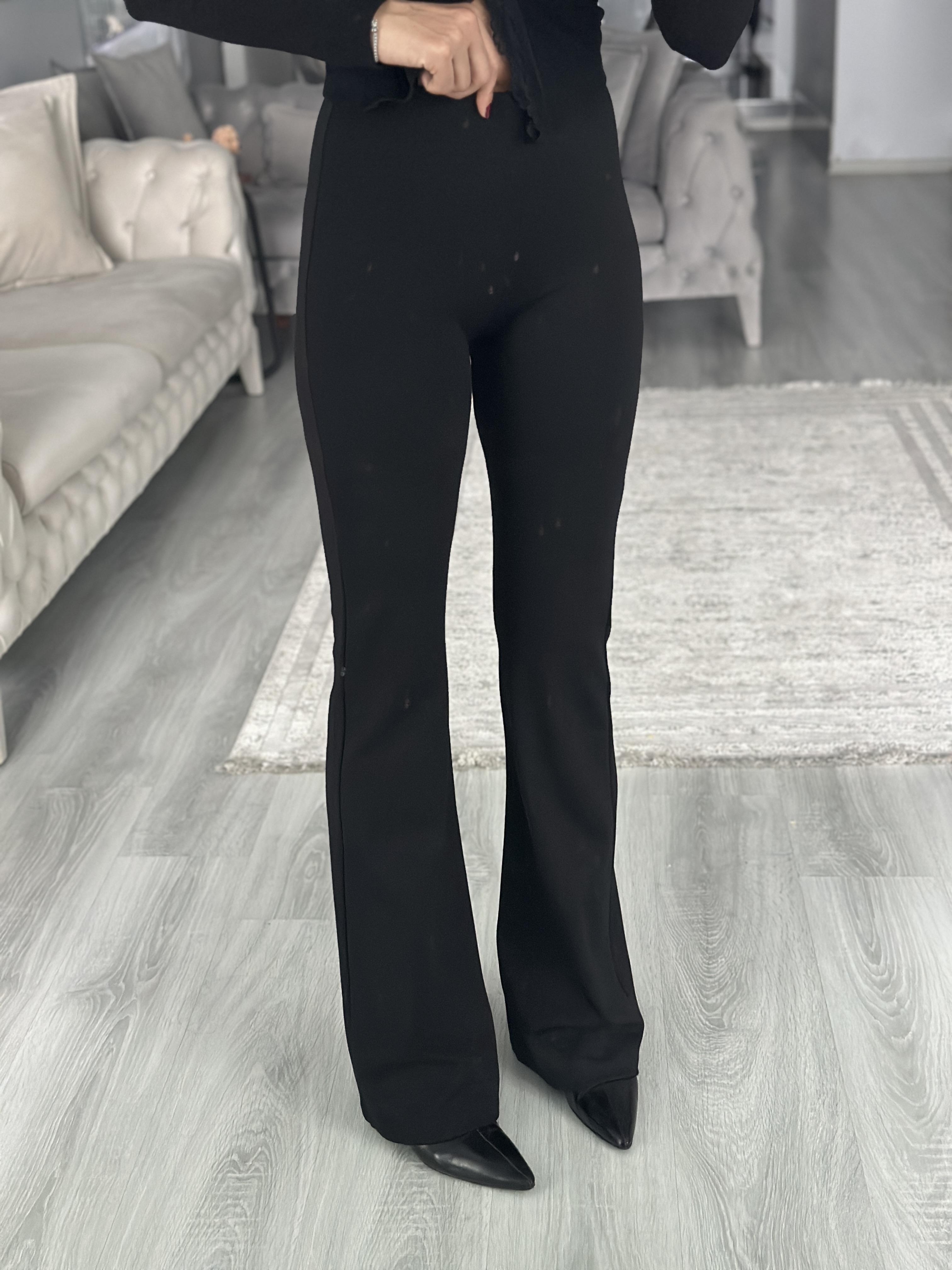 Siyah Beli Lastikli İspanyol Paça Kadın Tayt