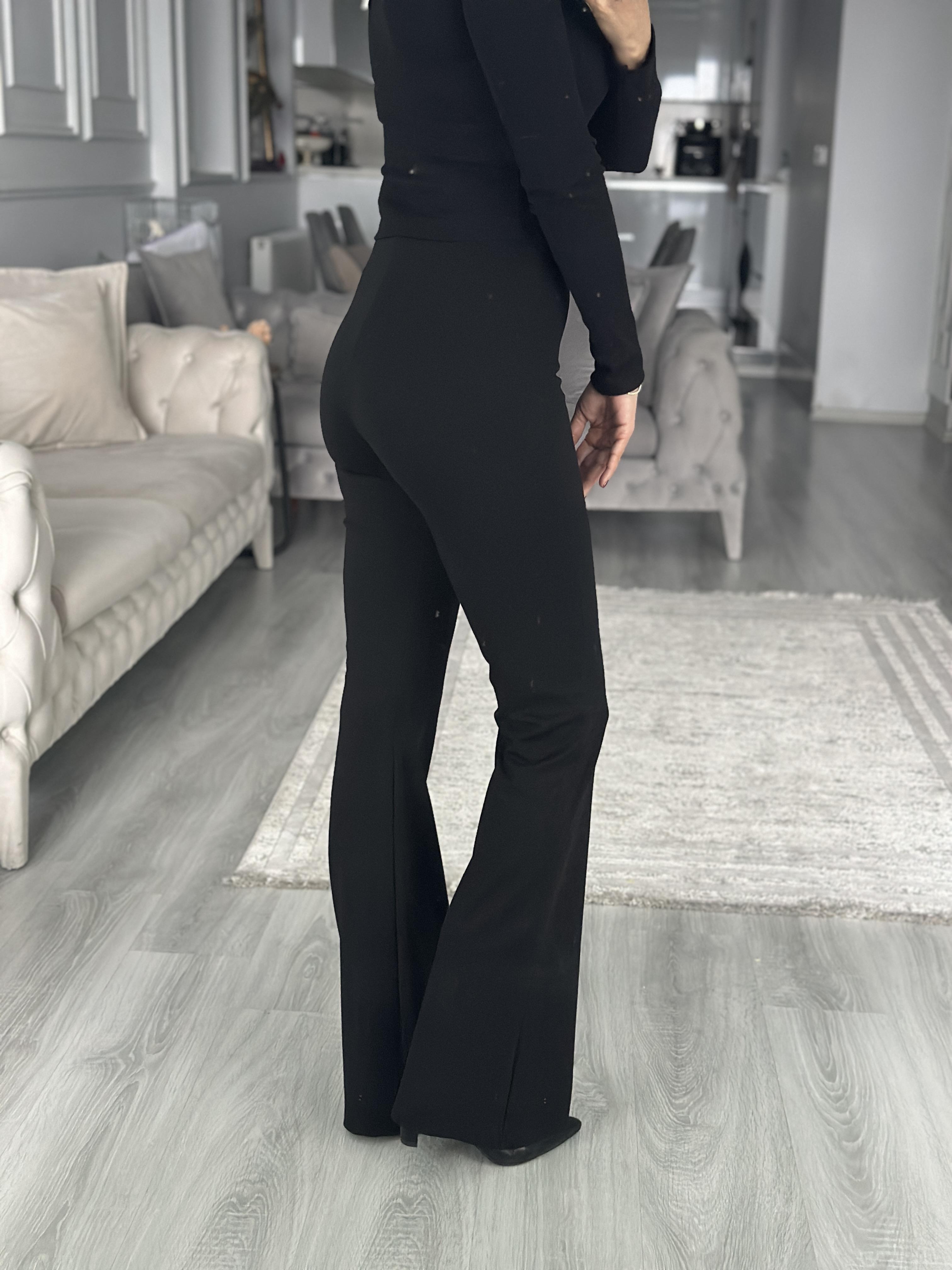 Siyah Beli Lastikli İspanyol Paça Kadın Tayt