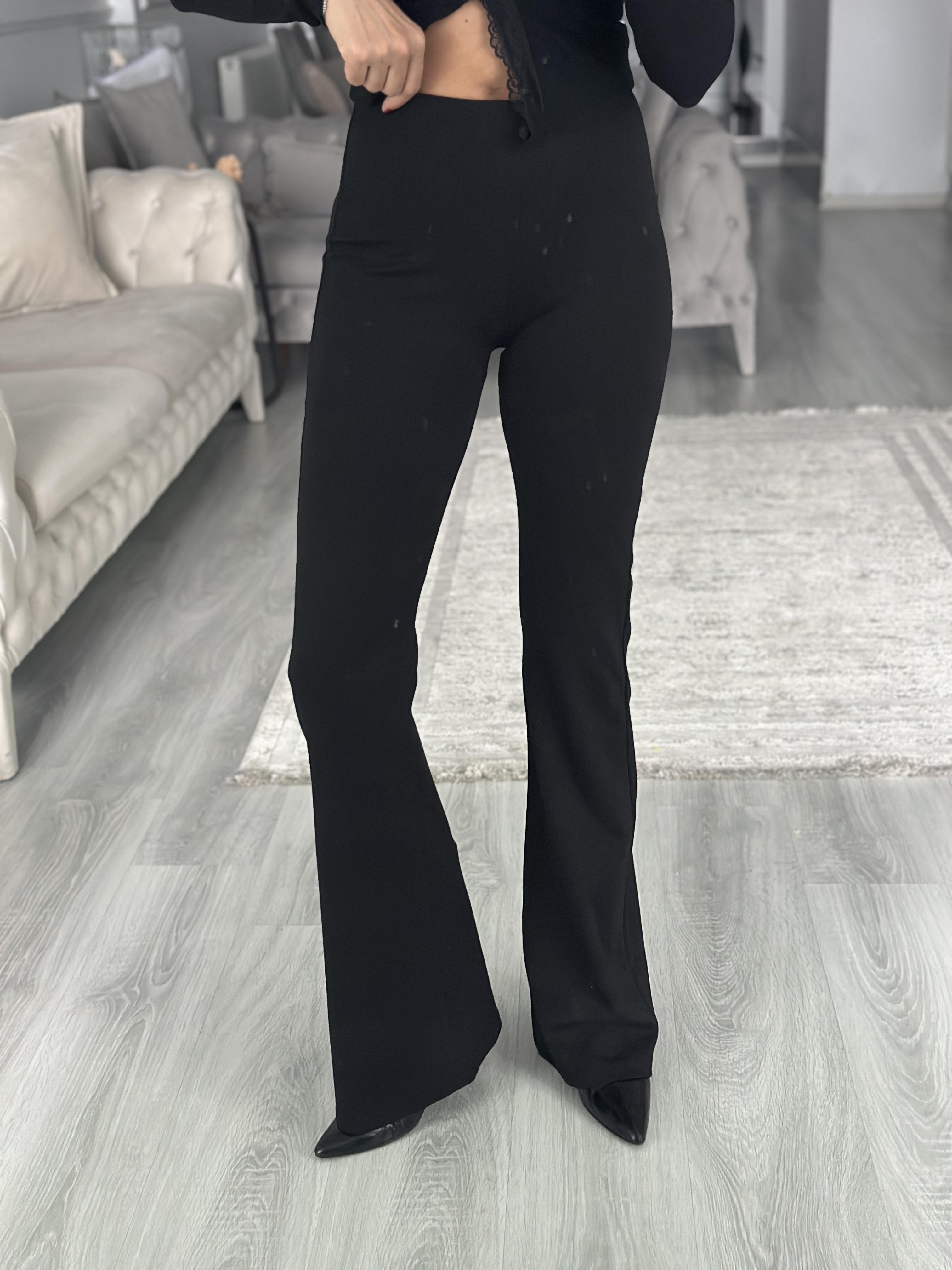 Siyah Beli Lastikli İspanyol Paça Kadın Tayt