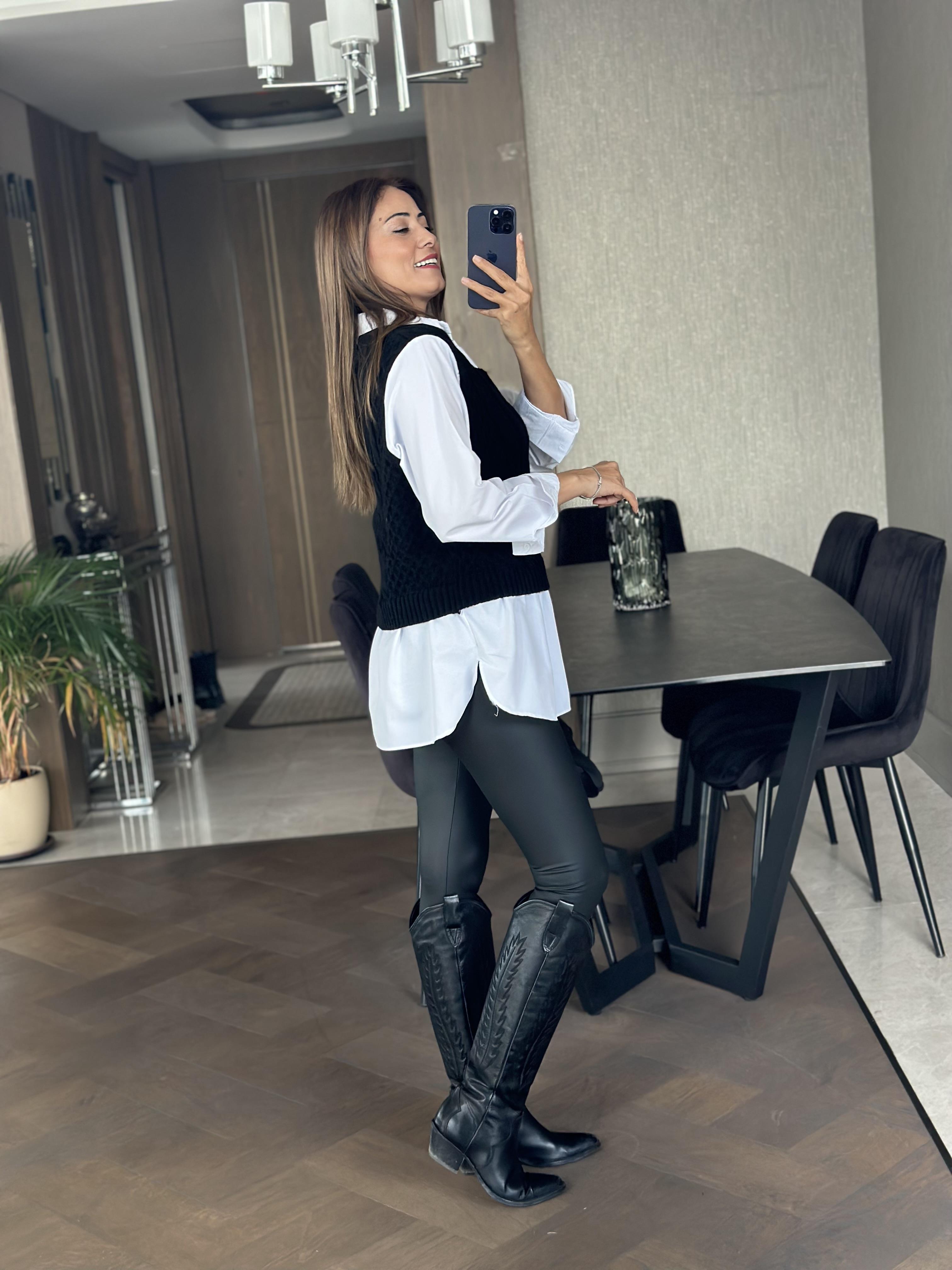 Siyah Beyaz Gömlekli Triko Kadın Süveter