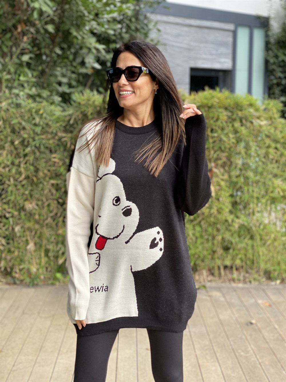 Siyah Bisiklet Yaka Ayıcık Detay Triko Kadın Kazak