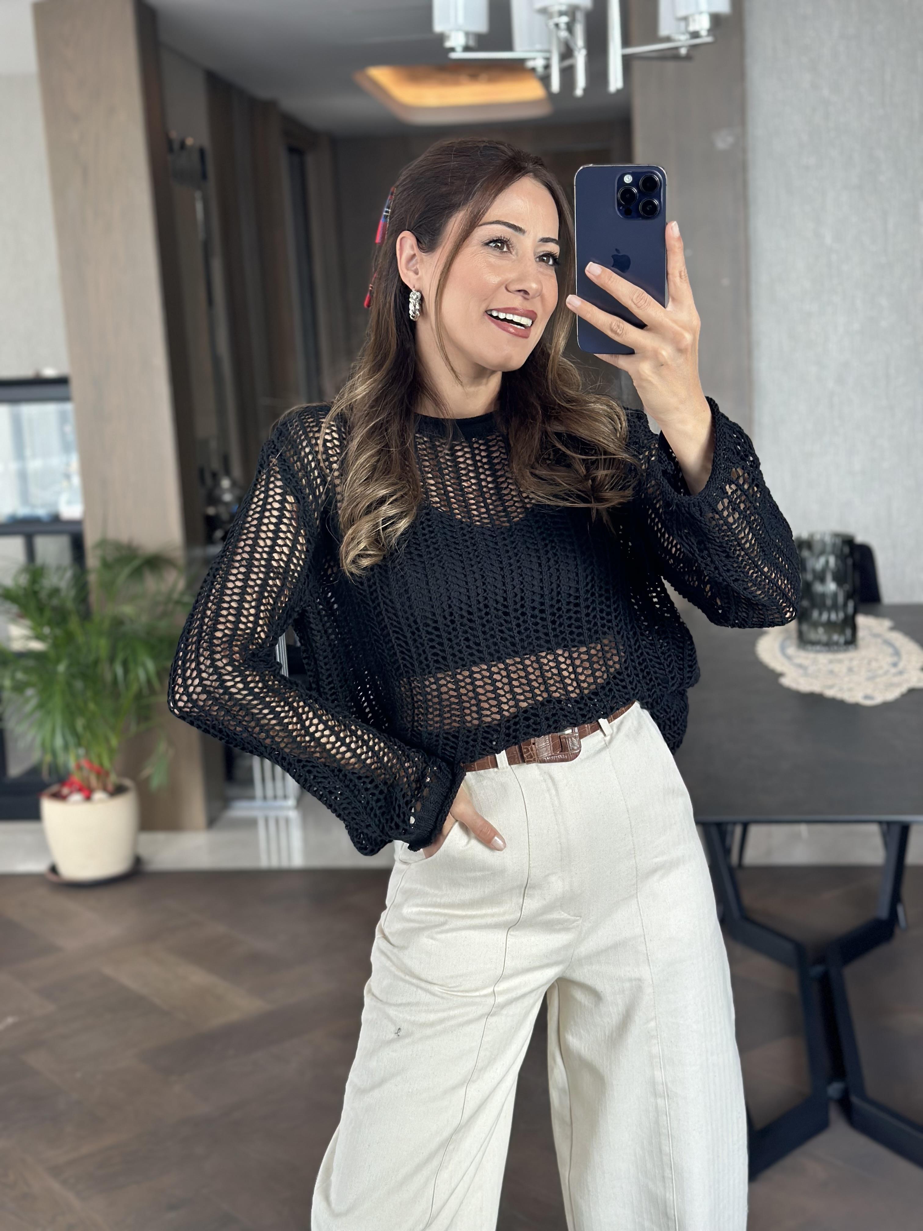 Siyah Bisiklet Yaka File Örgü Triko Kadın Crop Bluz