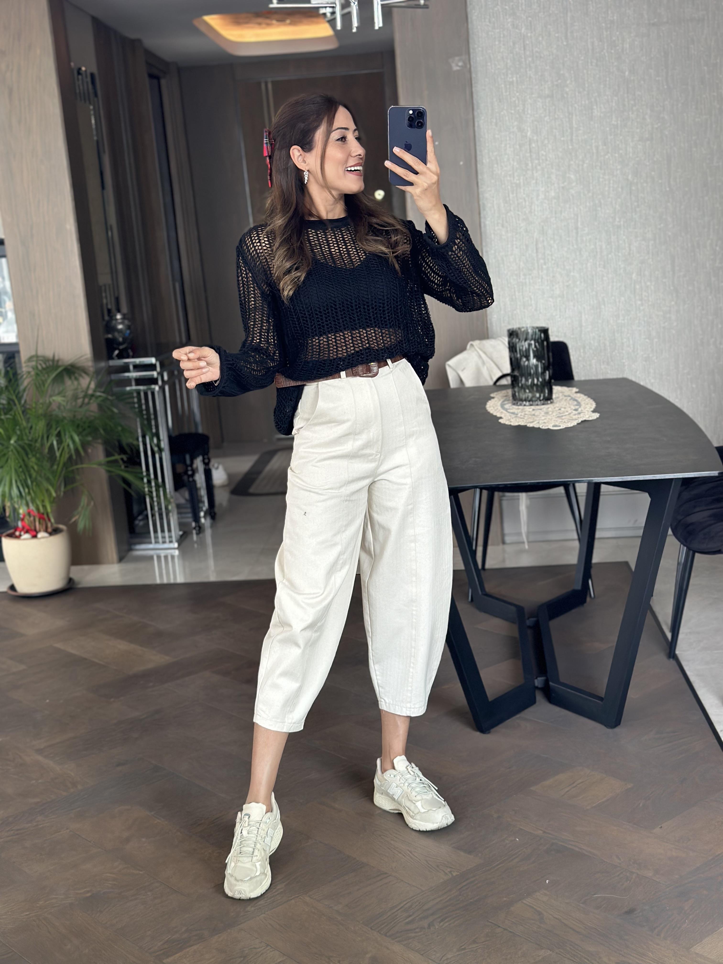 Siyah Bisiklet Yaka File Örgü Triko Kadın Crop Bluz