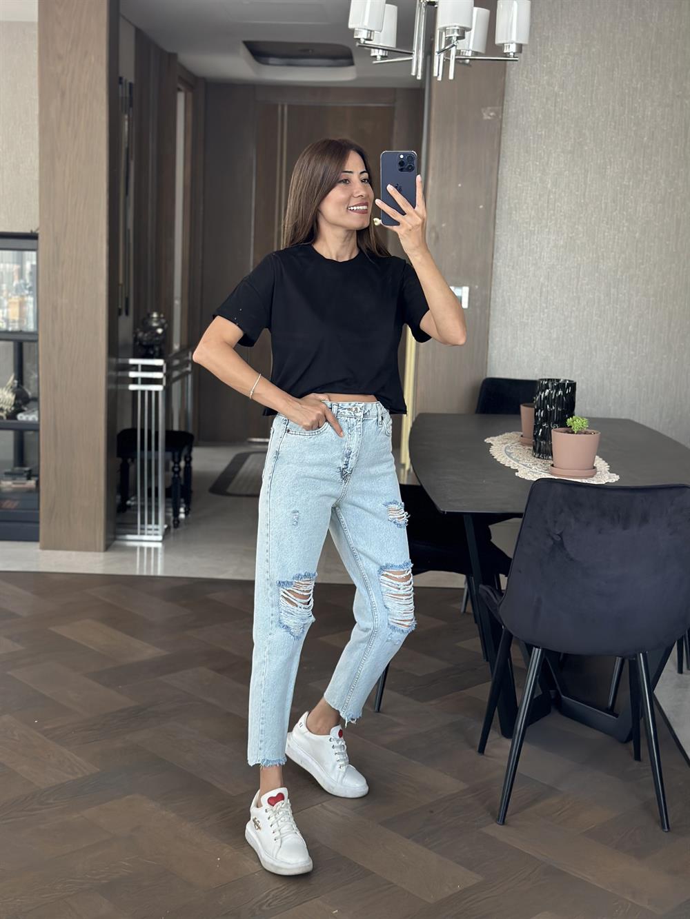 Siyah Bisiklet Yaka Kısa Kol Penye Crop Kadın T-Shirt
