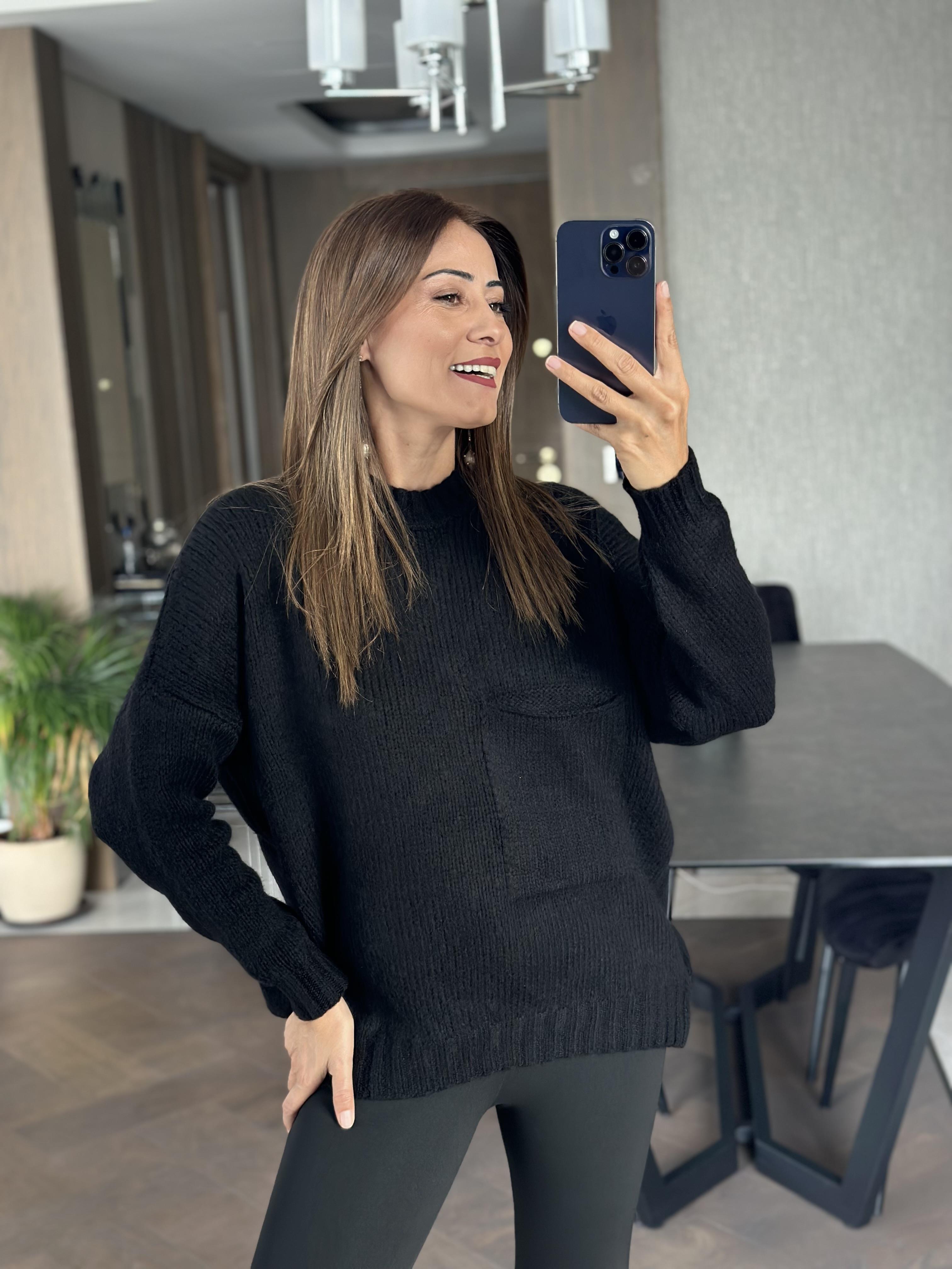 Siyah Bisiklet Yaka Salaş Cepli Triko Kadın Kazak