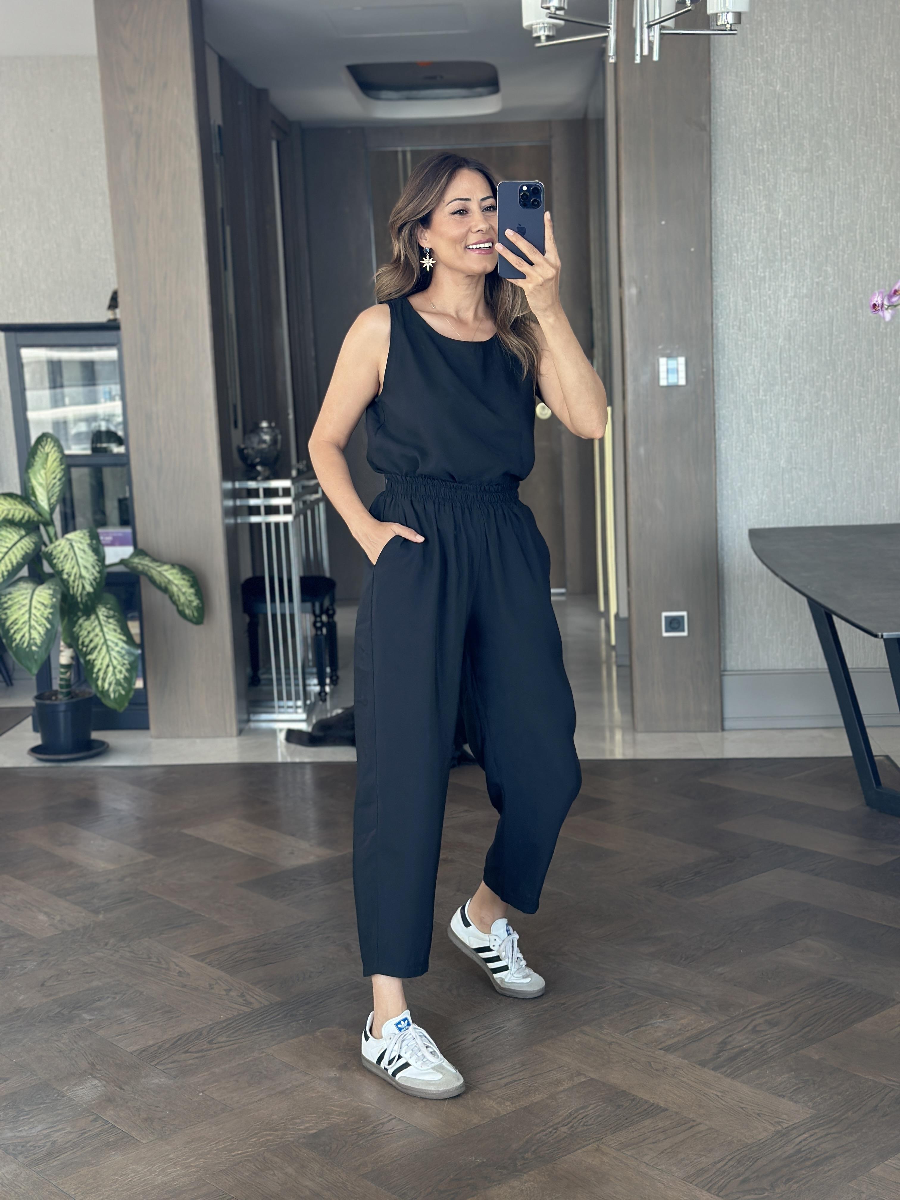 Siyah Bisiklet Yaka Sıfır Kol Bluz Pantolon Tensel Alt Üst Takım