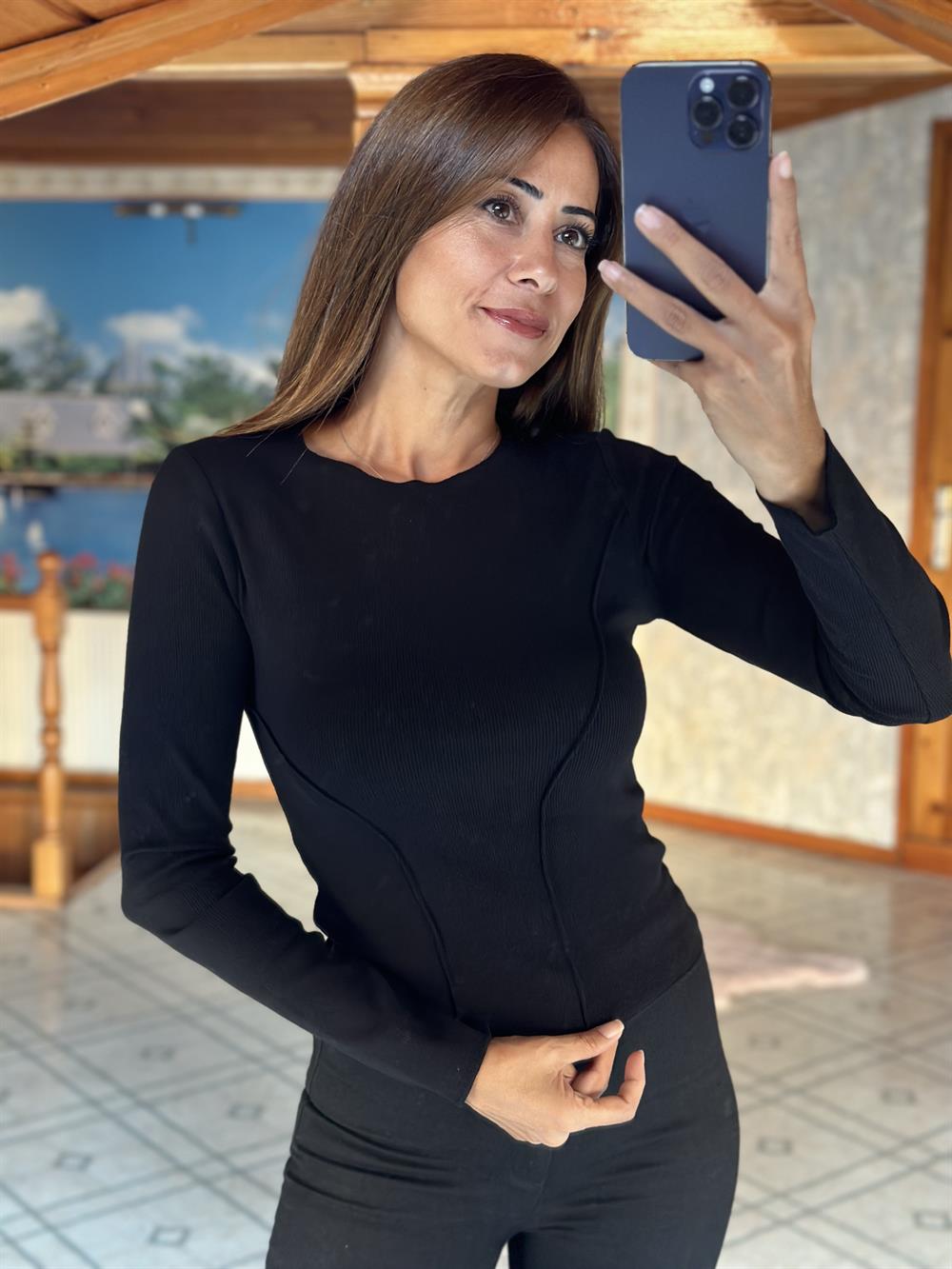 Siyah Bisiklet Yaka Uzun Kol Dikiş Detay Kadın Bluz