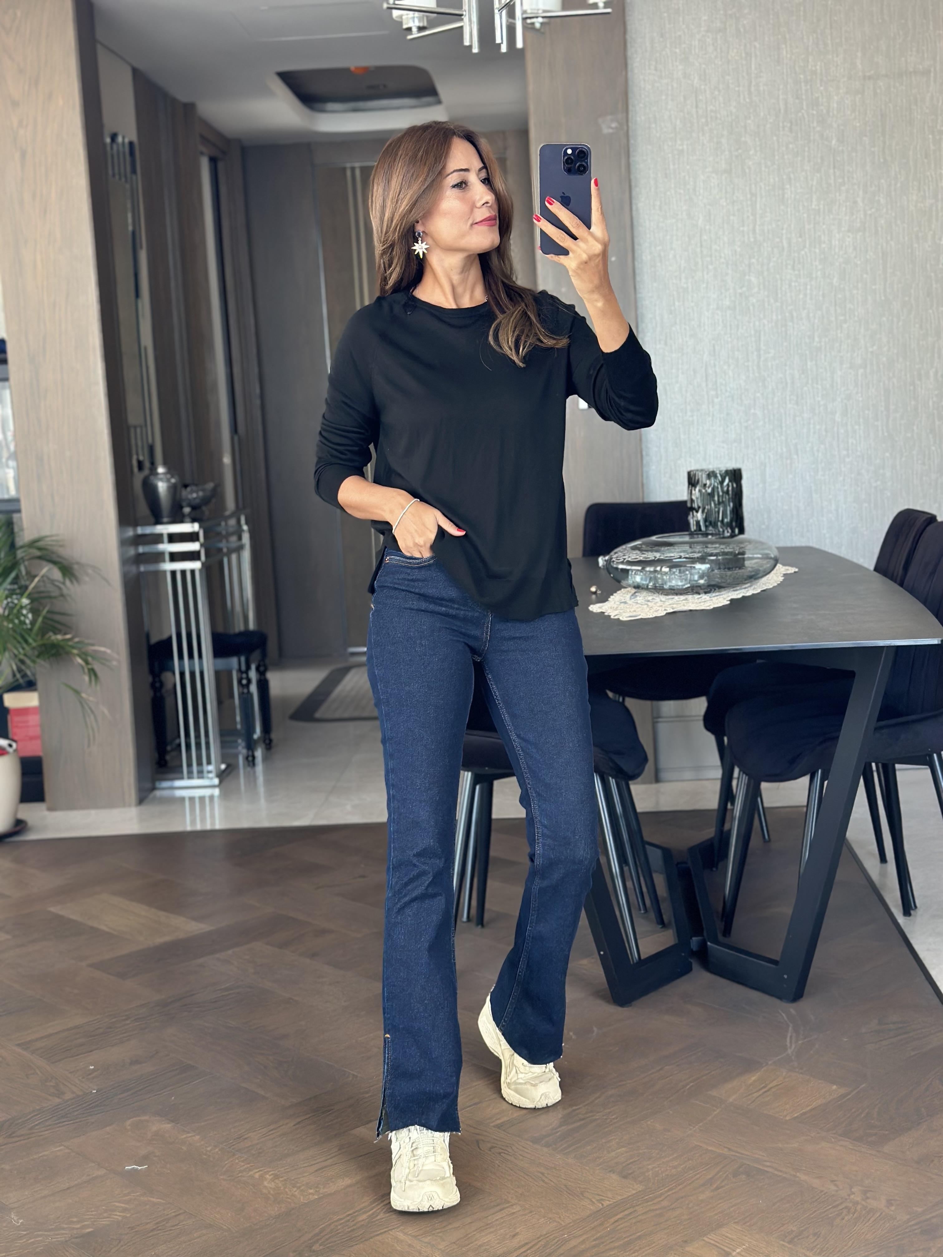 Siyah Bisiklet Yaka Uzun Kol Dlvn Düz Merserize Kadın Bluz