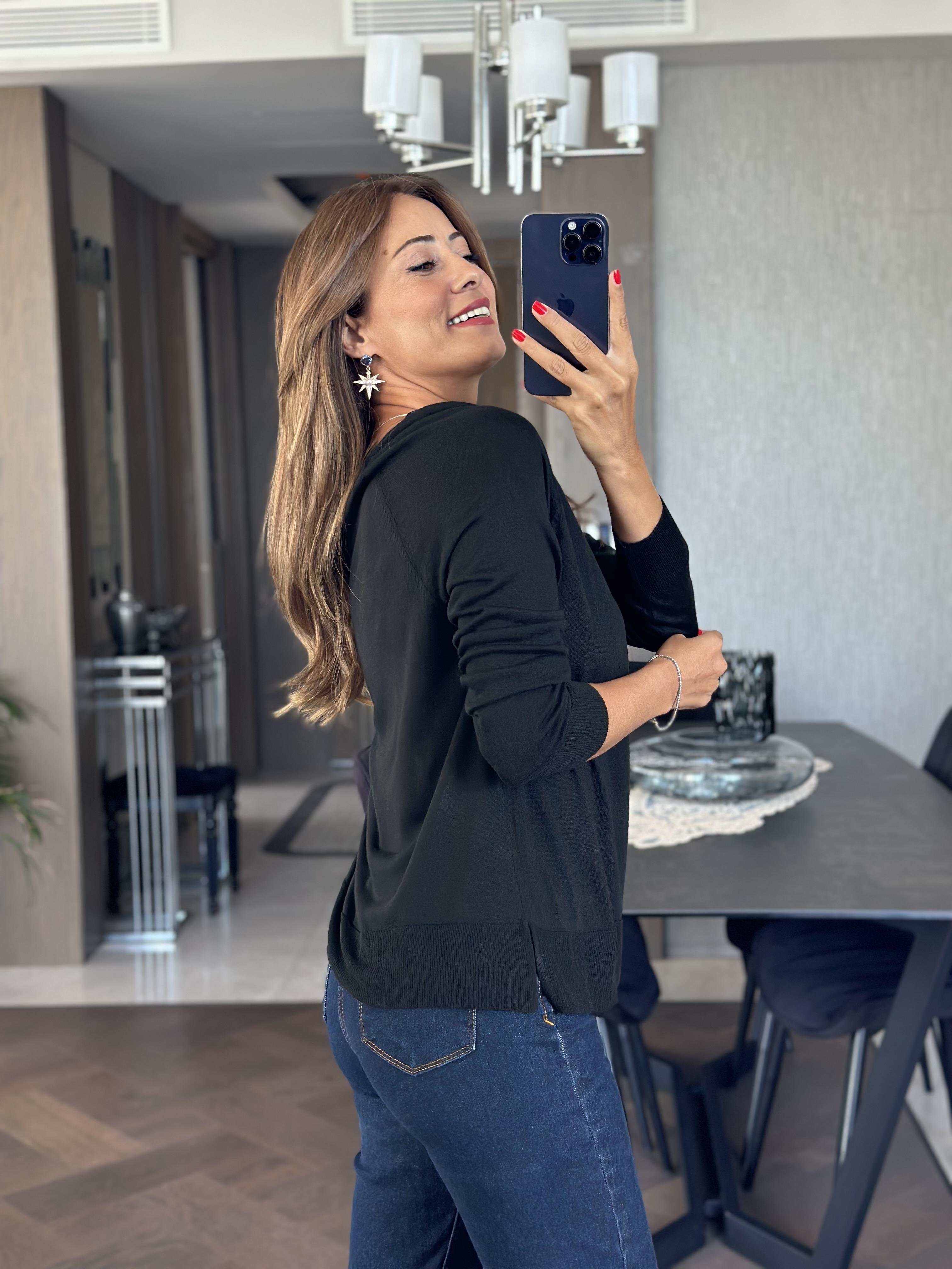 Siyah Bisiklet Yaka Uzun Kol Dlvn Düz Merserize Kadın Bluz