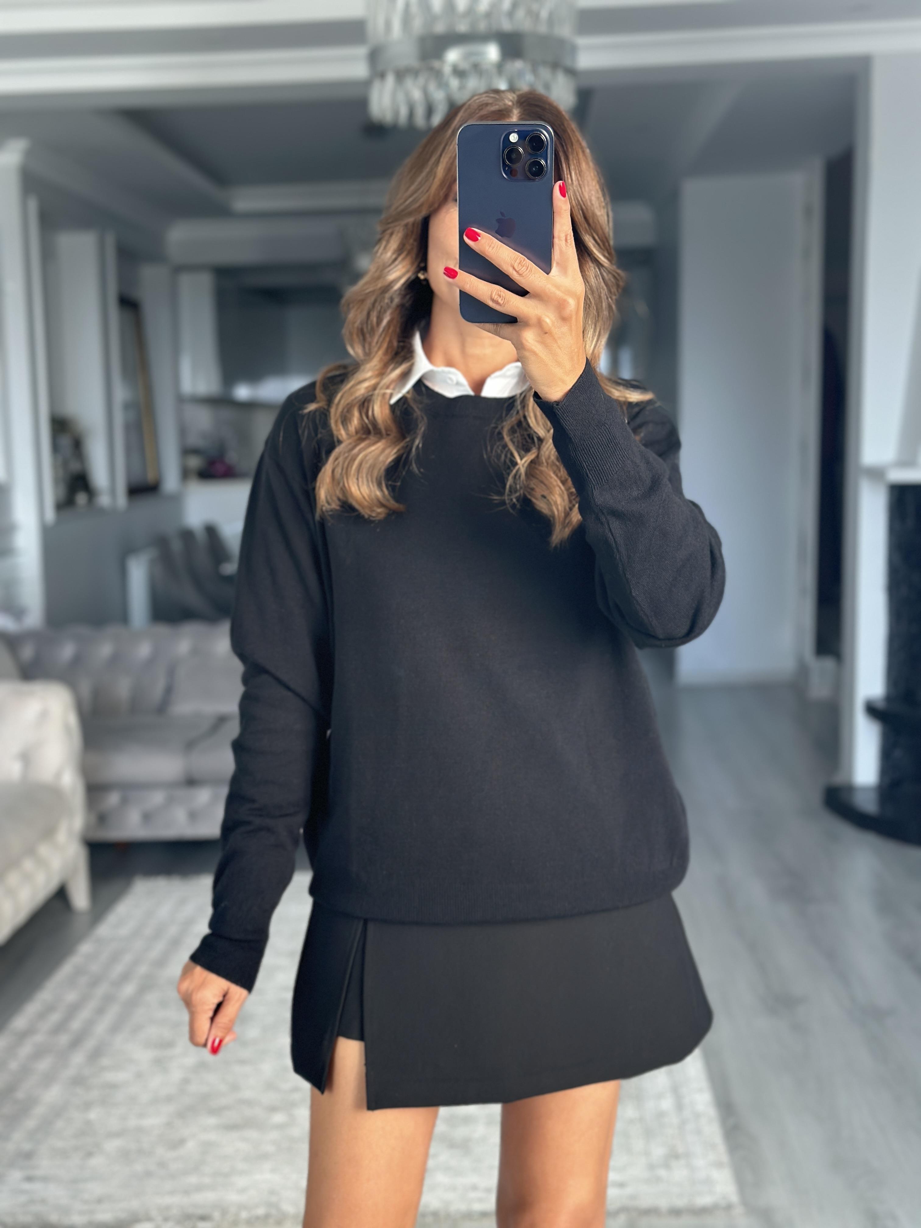 Siyah Bisiklet Yaka Yünlü Basic Kadın Triko Kazak