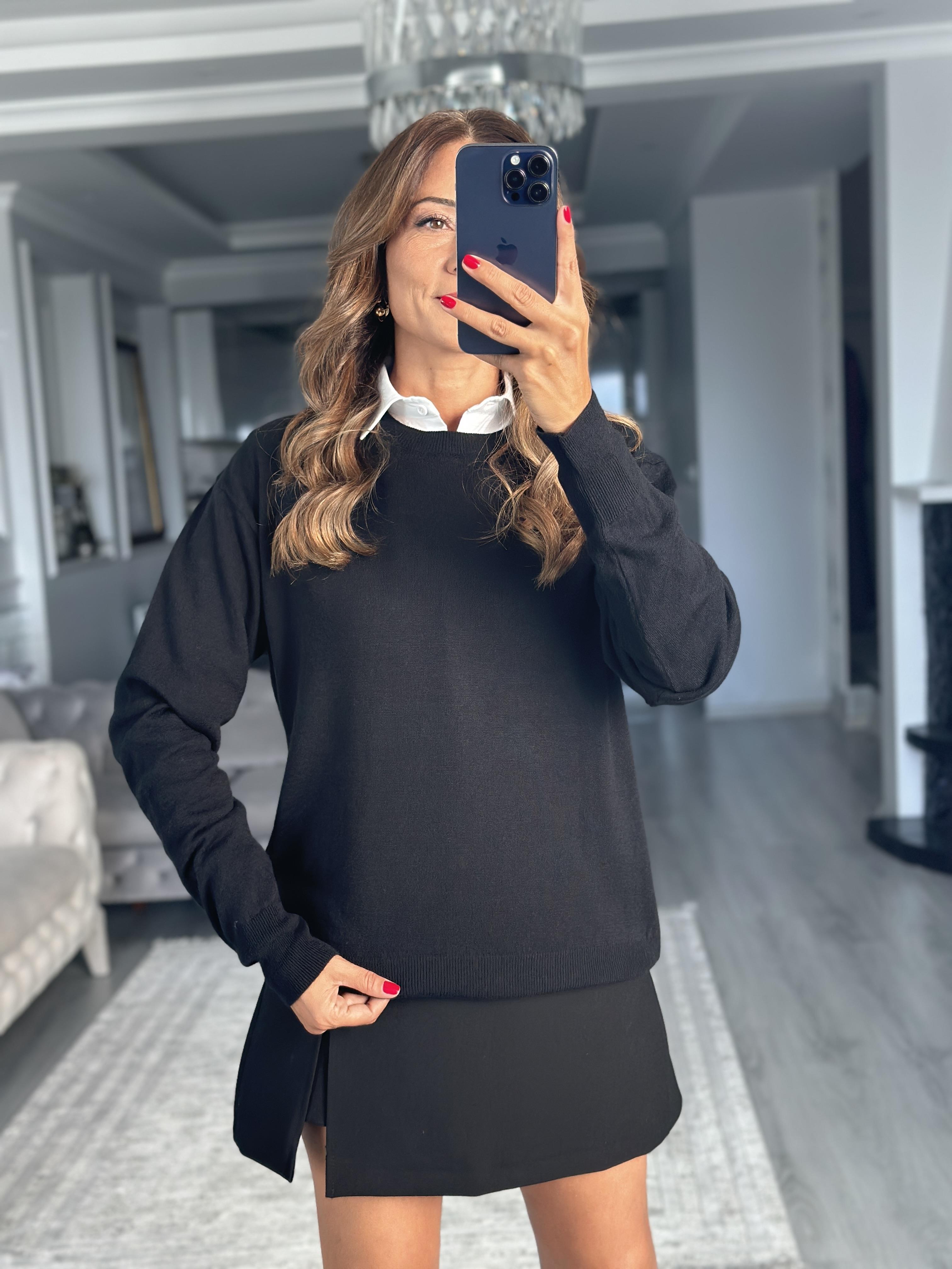 Siyah Bisiklet Yaka Yünlü Basic Kadın Triko Kazak