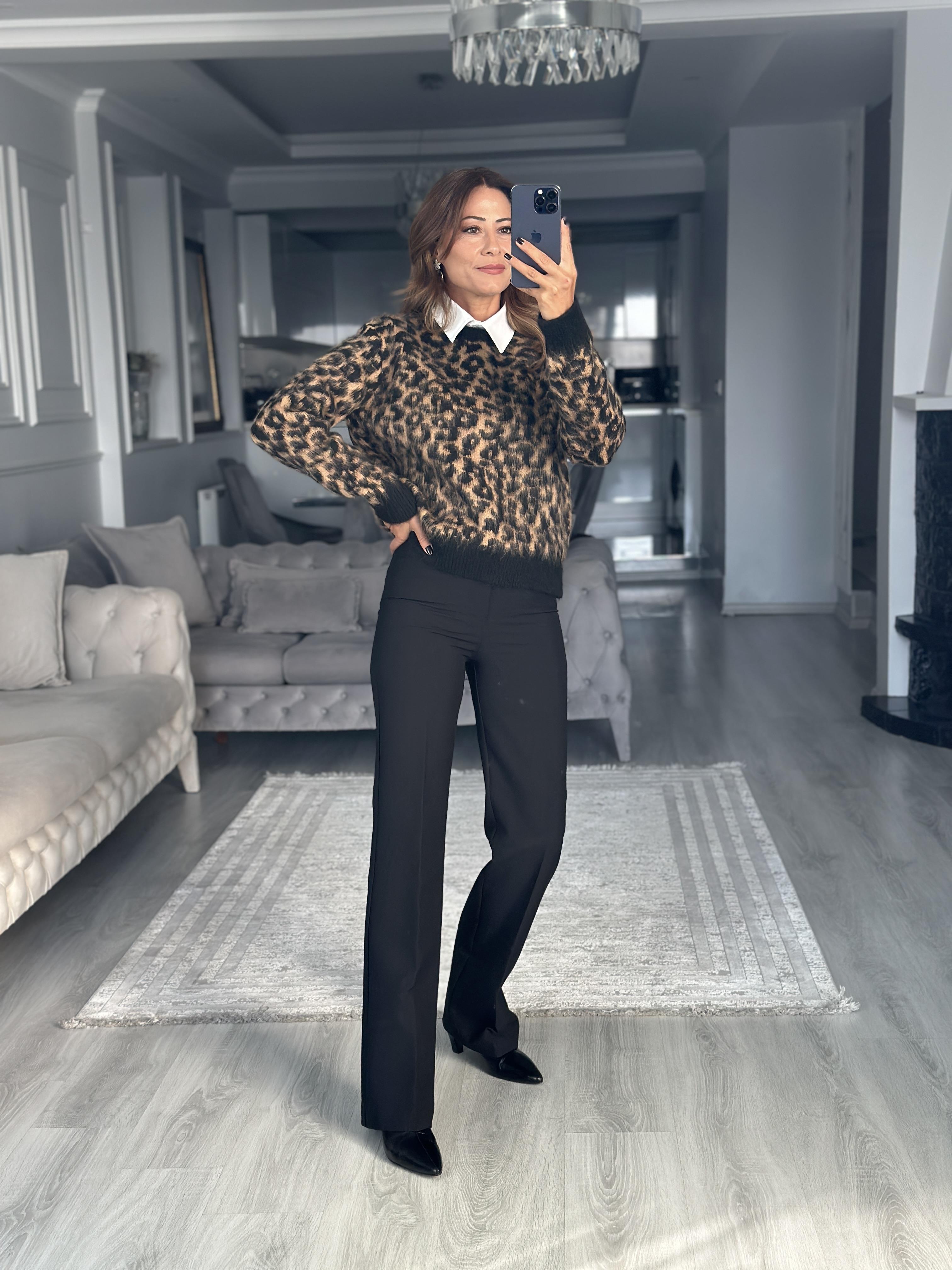 Siyah Camel Leopar Desen Bisiklet Yaka Kadın Triko Kazak