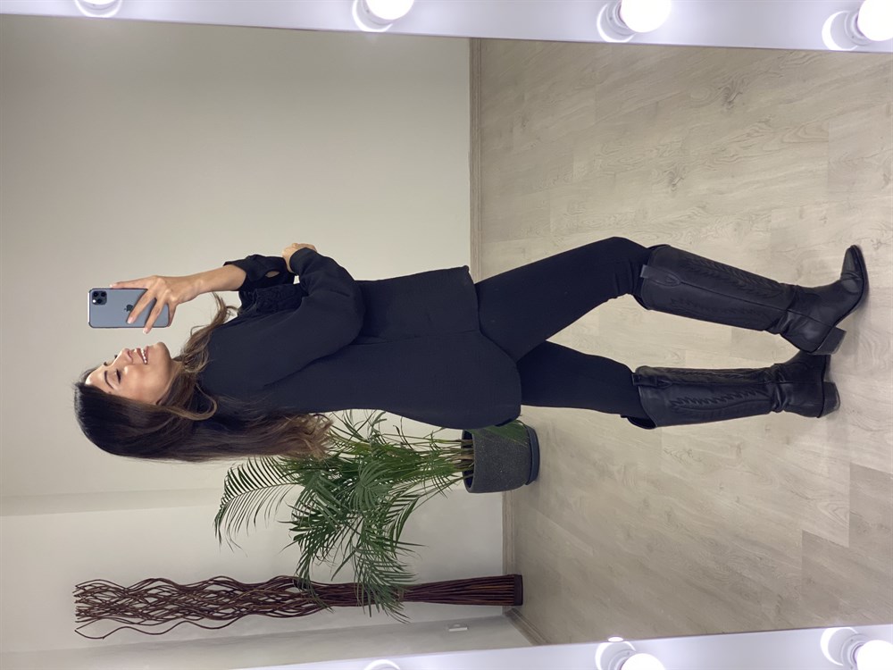 Siyah Cebi Örgü Detay Krinkıl Kadın Gömlek