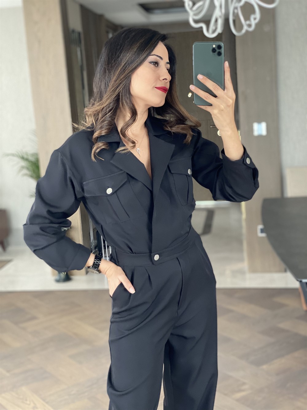 Siyah Ceket Yaka Arka Bel Lastikli Tulum