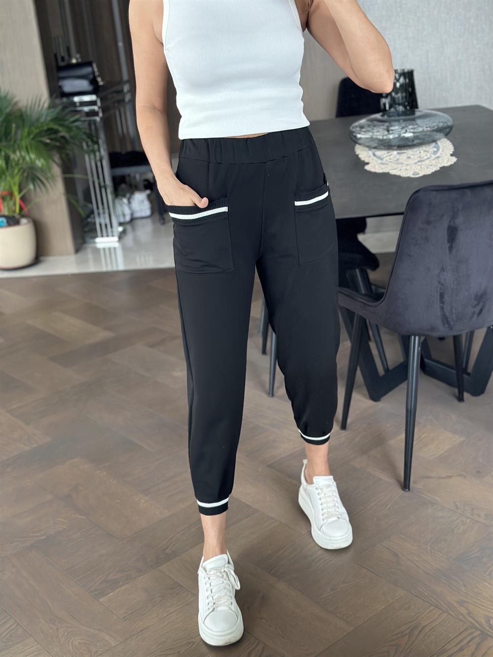 Siyah Cep Ve Paça Ribana Detay Kadın Eşofman Altı