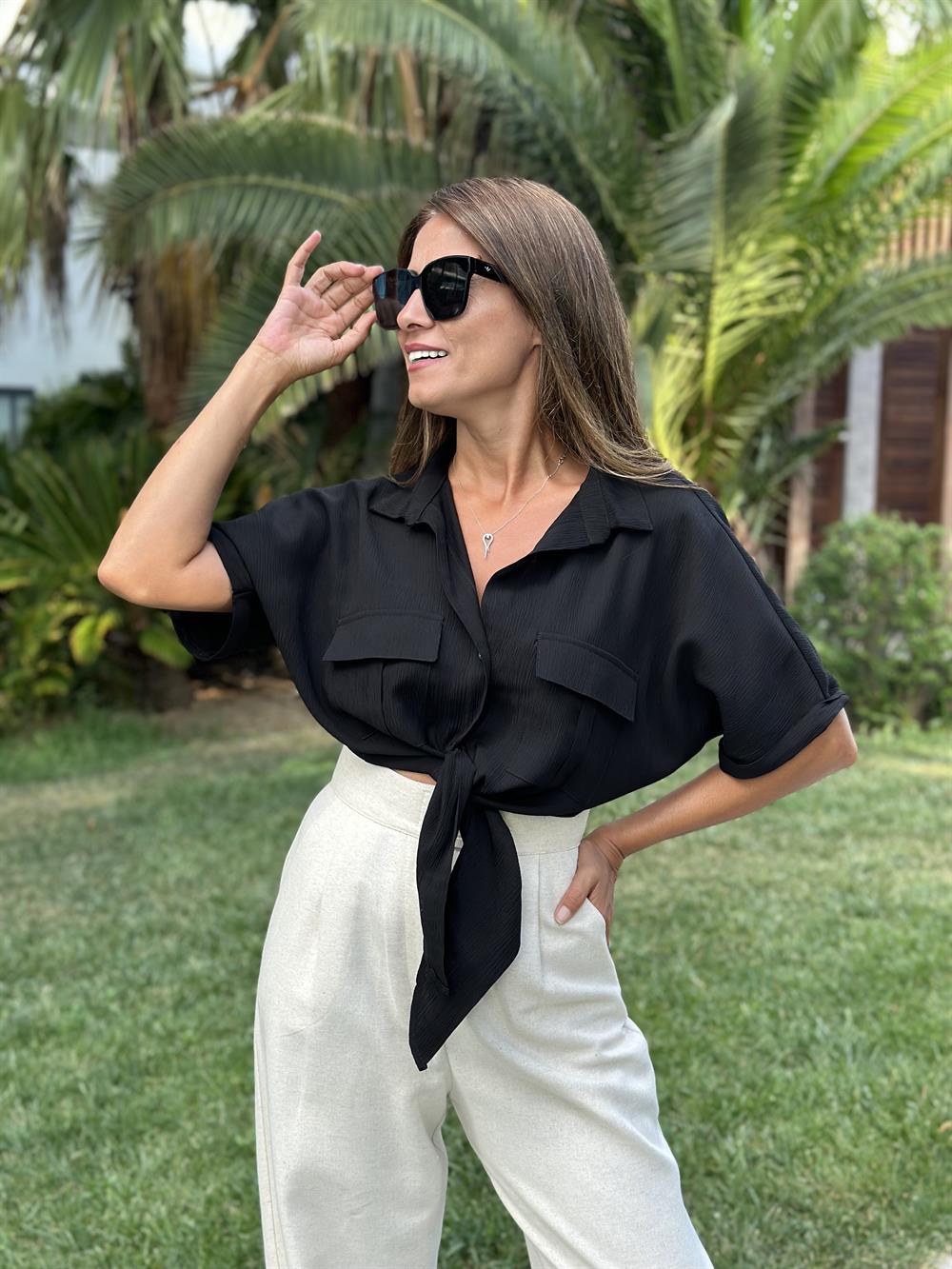 Siyah Çift Cepli Bağlamalı Tamara Kadın Gömlek