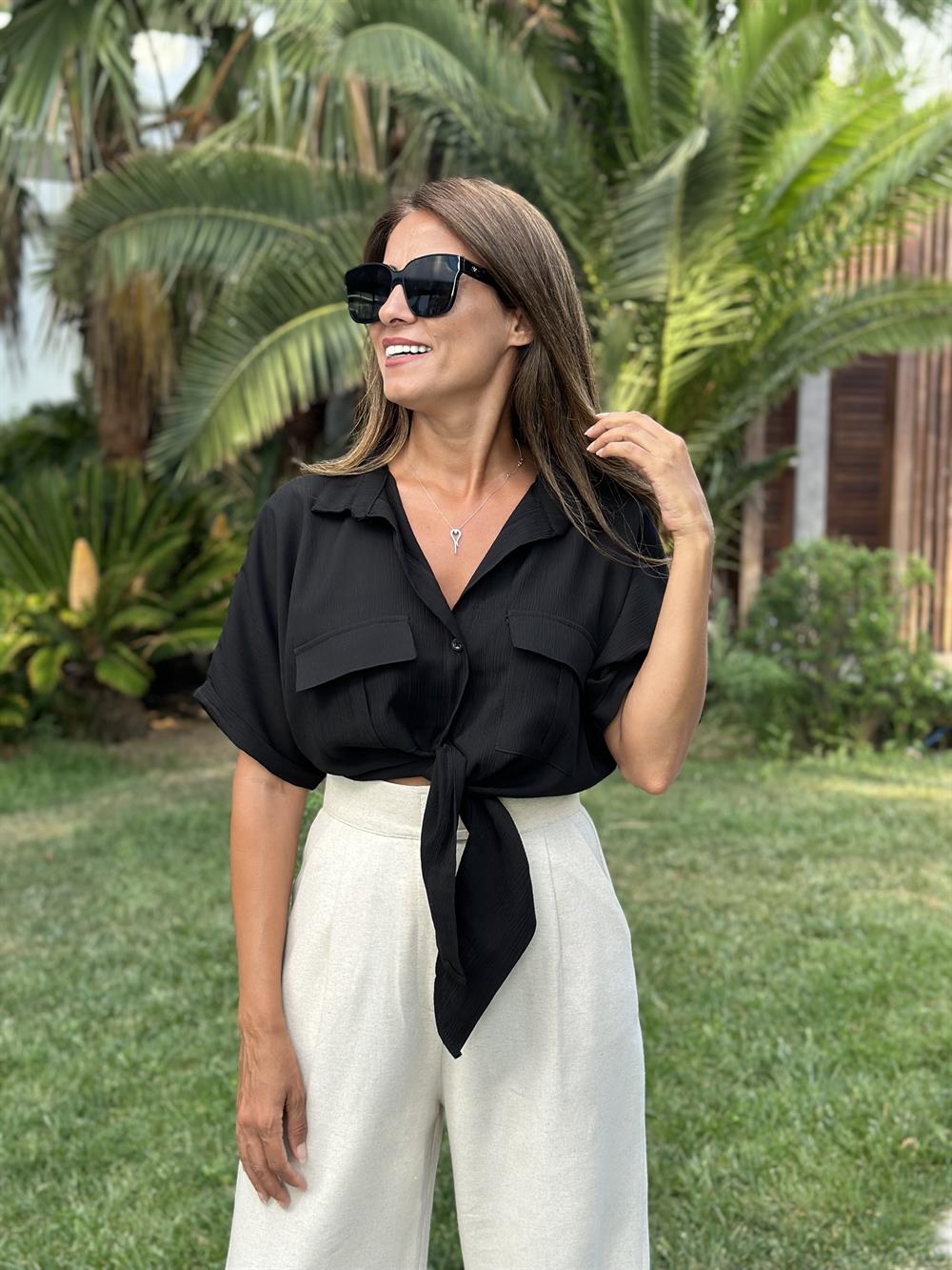 Siyah Çift Cepli Bağlamalı Tamara Kadın Gömlek