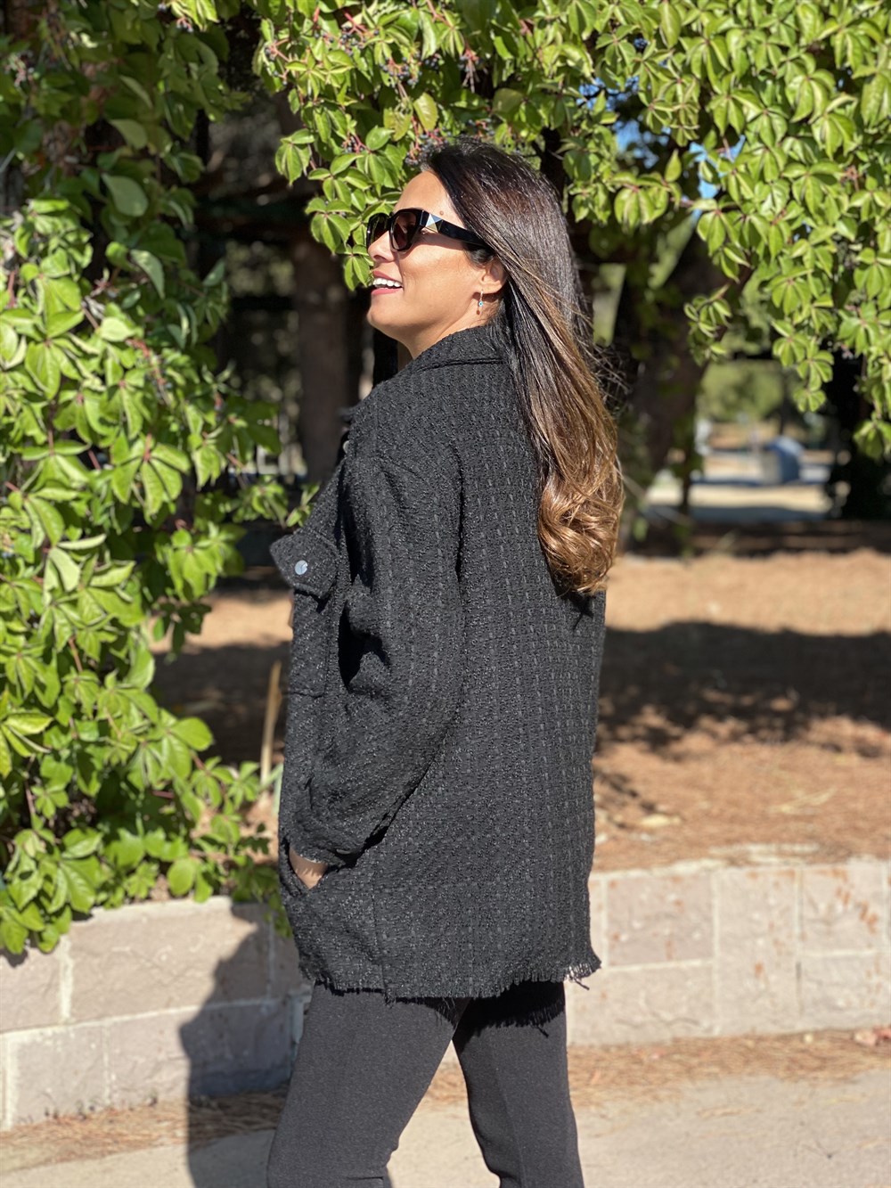 Siyah Çift Cepli Şönil Gabardin Kadın Gömlek