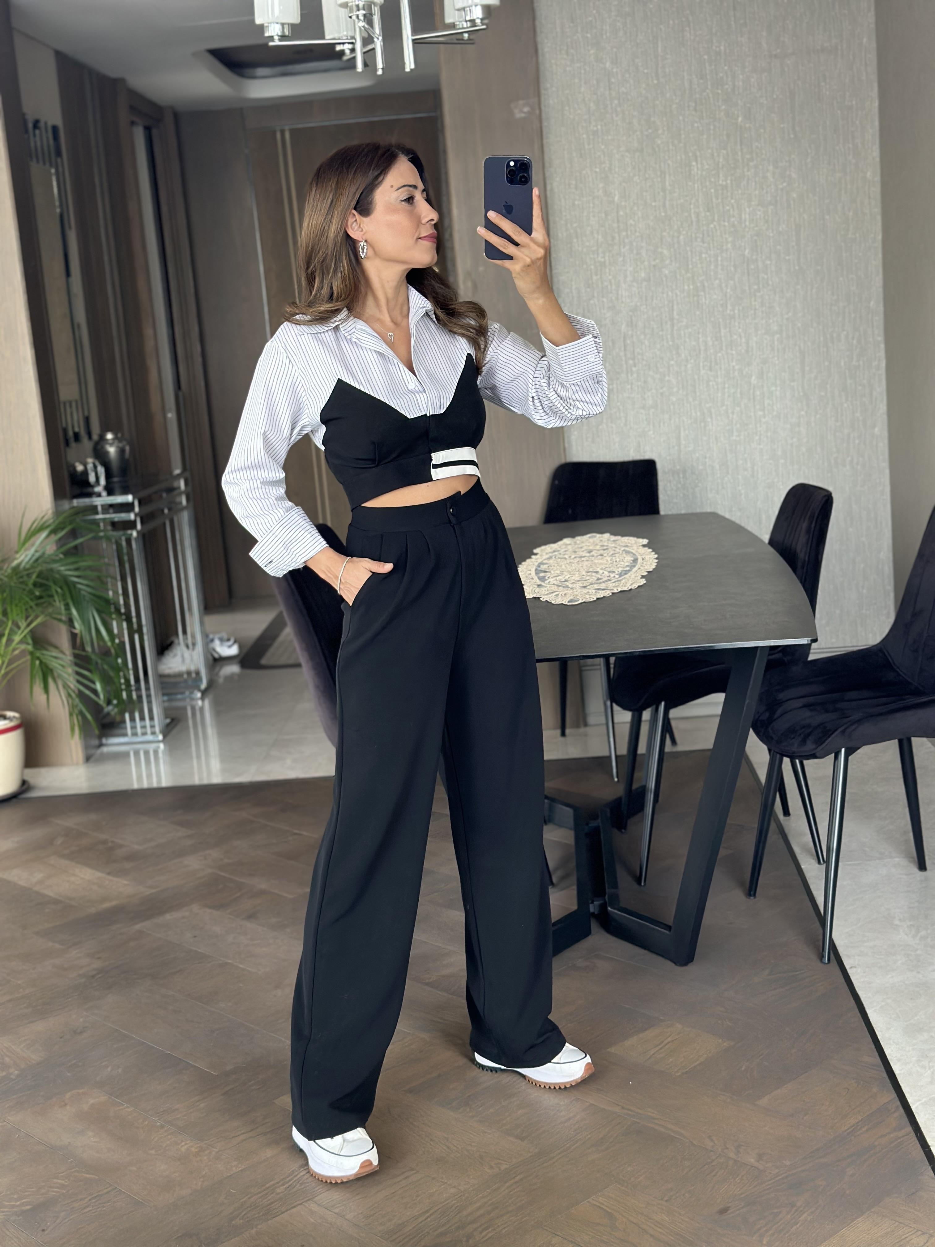 Siyah Çift Pileli  Likralı Krep Palazzo Kadın Pantolon