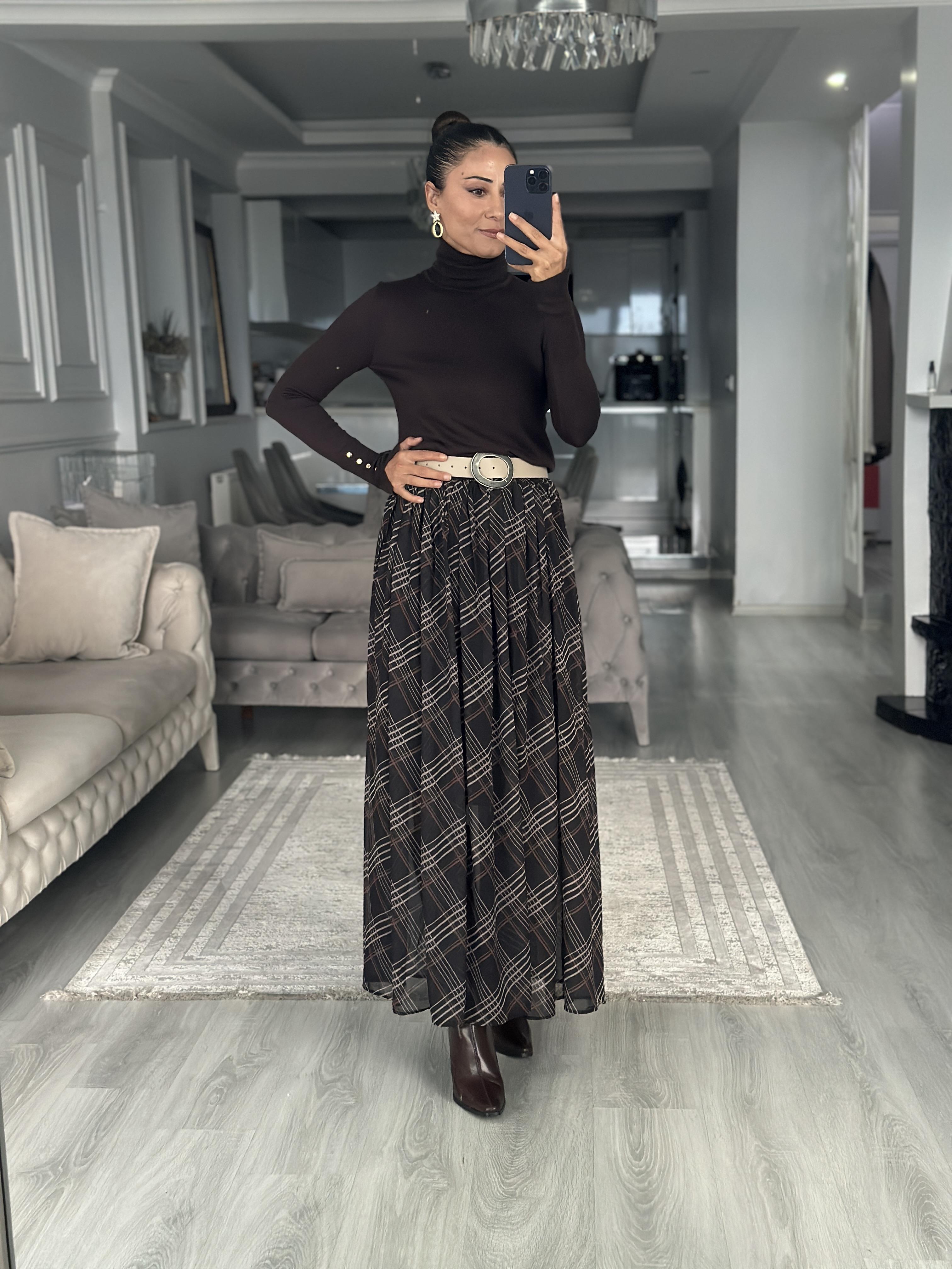 Siyah Çizgi Desenli Midi Boy Kadın Şifon Etek