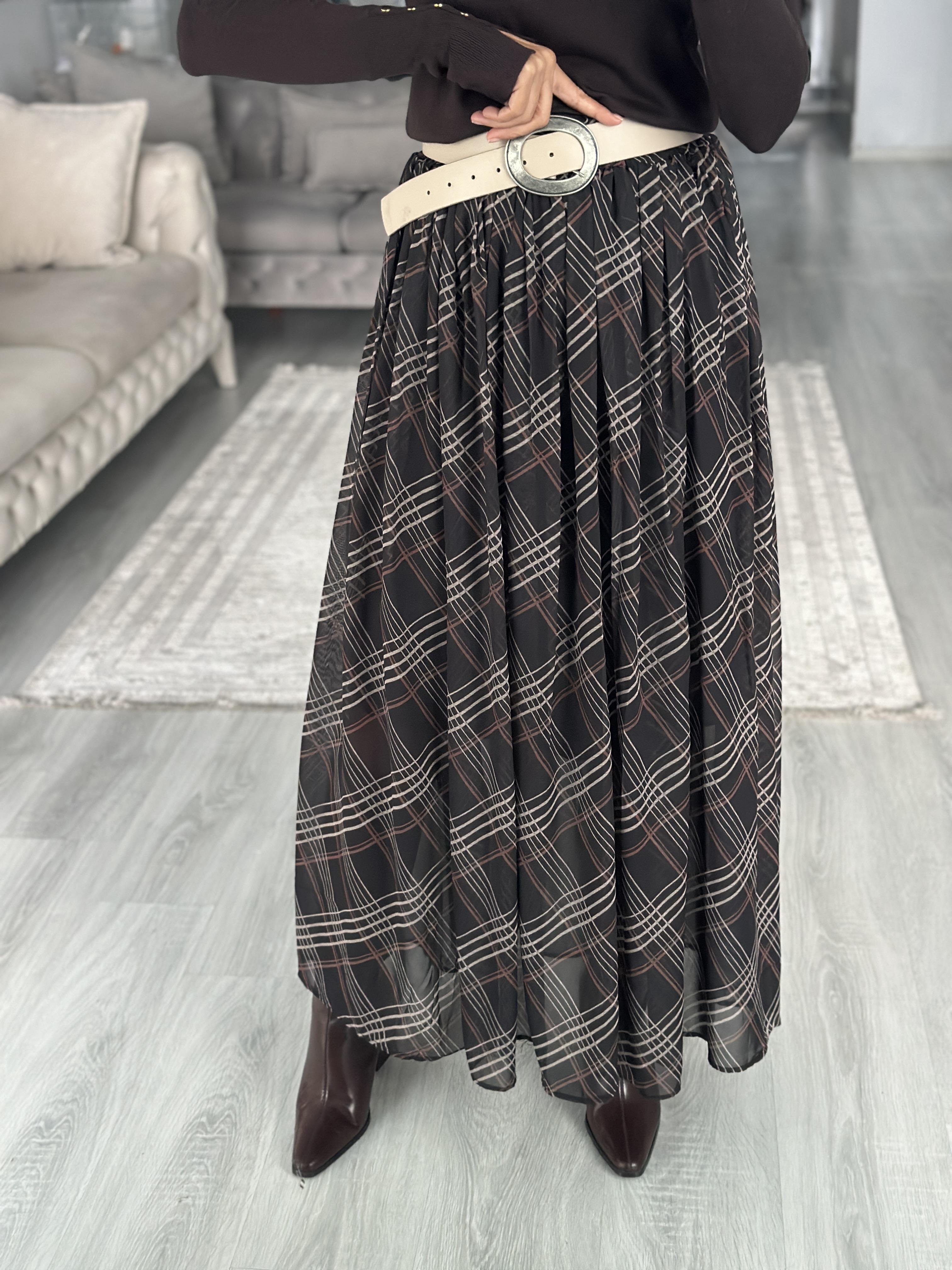 Siyah Çizgi Desenli Midi Boy Kadın Şifon Etek